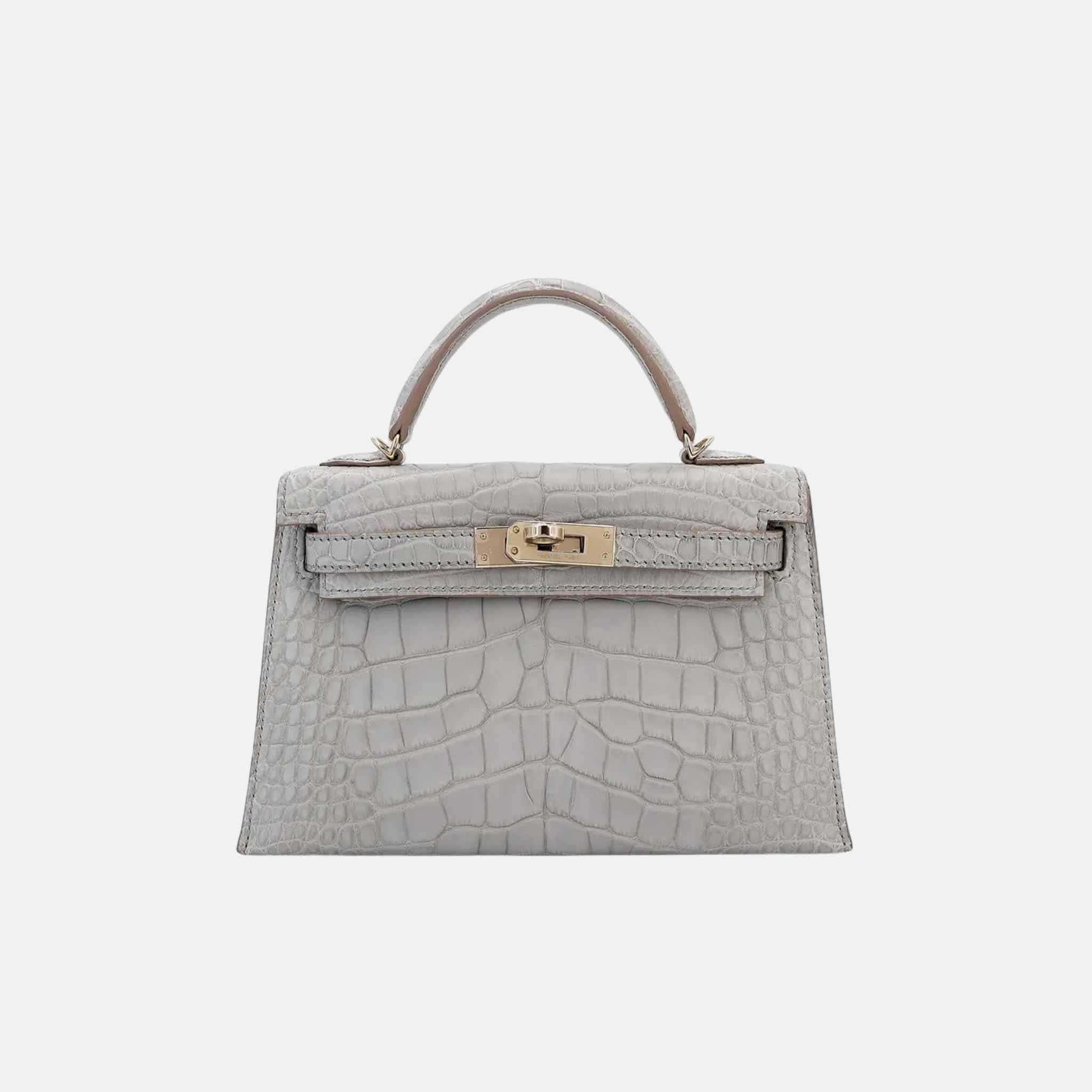 Mini Kelly HSS Matte Alligator Gris Perle PHW, Front