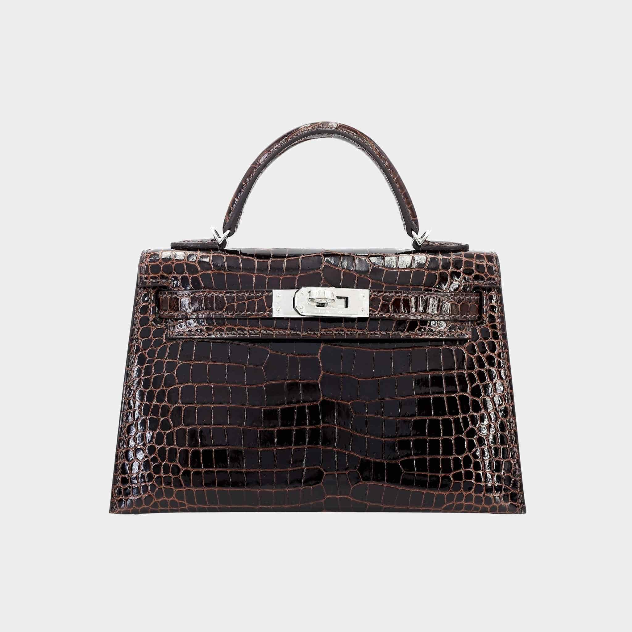 Hermes Mini Kelly II Shiny Porosus Crocodile Havane PHW, Front