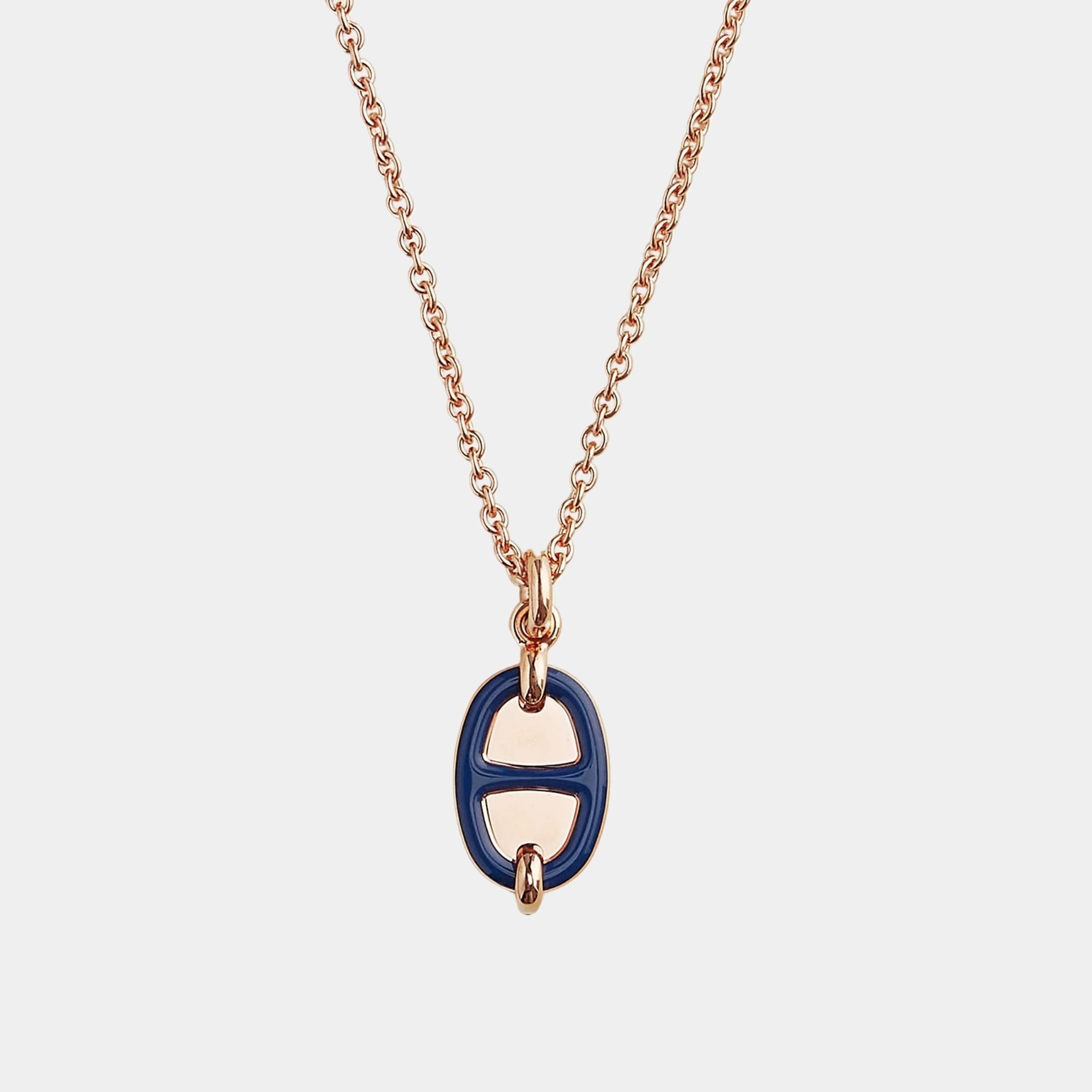Hermes Mini Maillon Pendant Small Model Rose Gold Plated, Bleu De Saphir, Close