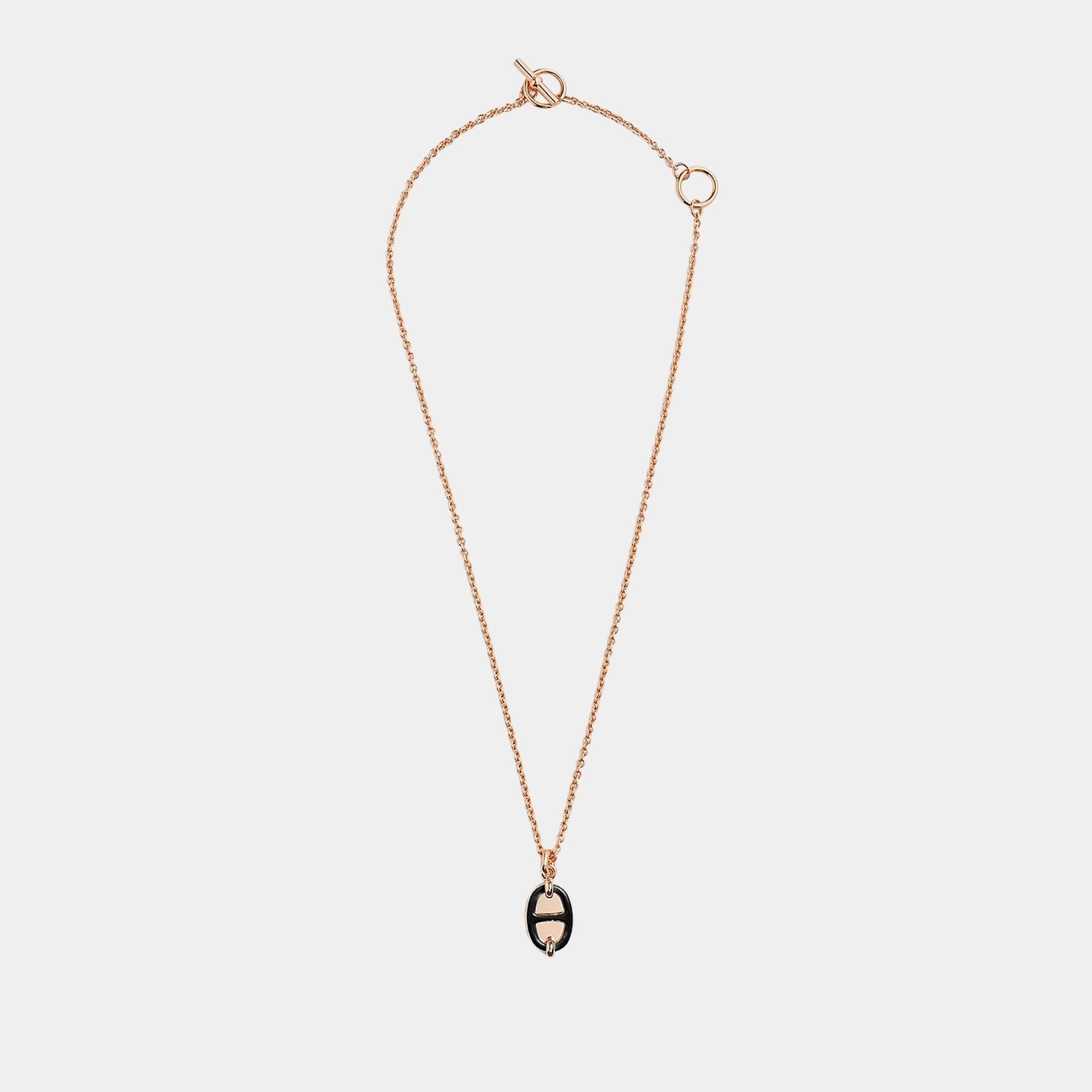 Hermes Mini Maillon Pendant Small Model Rose Gold Plated, Noir, Front