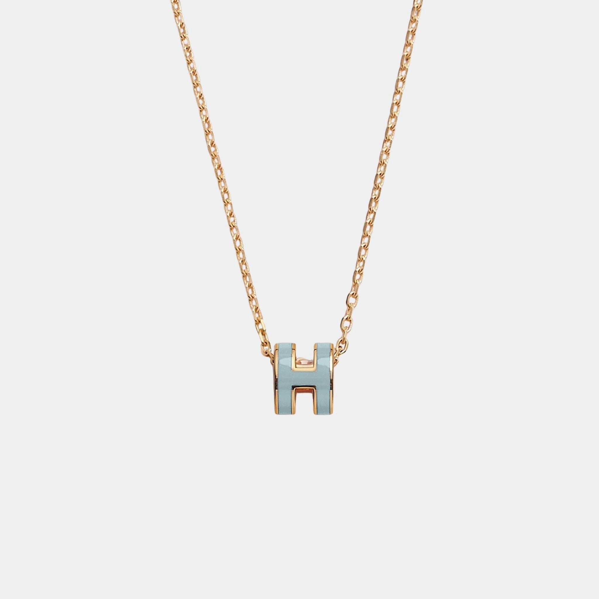 Hermes Mini Pop H Pendant Gold Plated, Bleu Polaire
