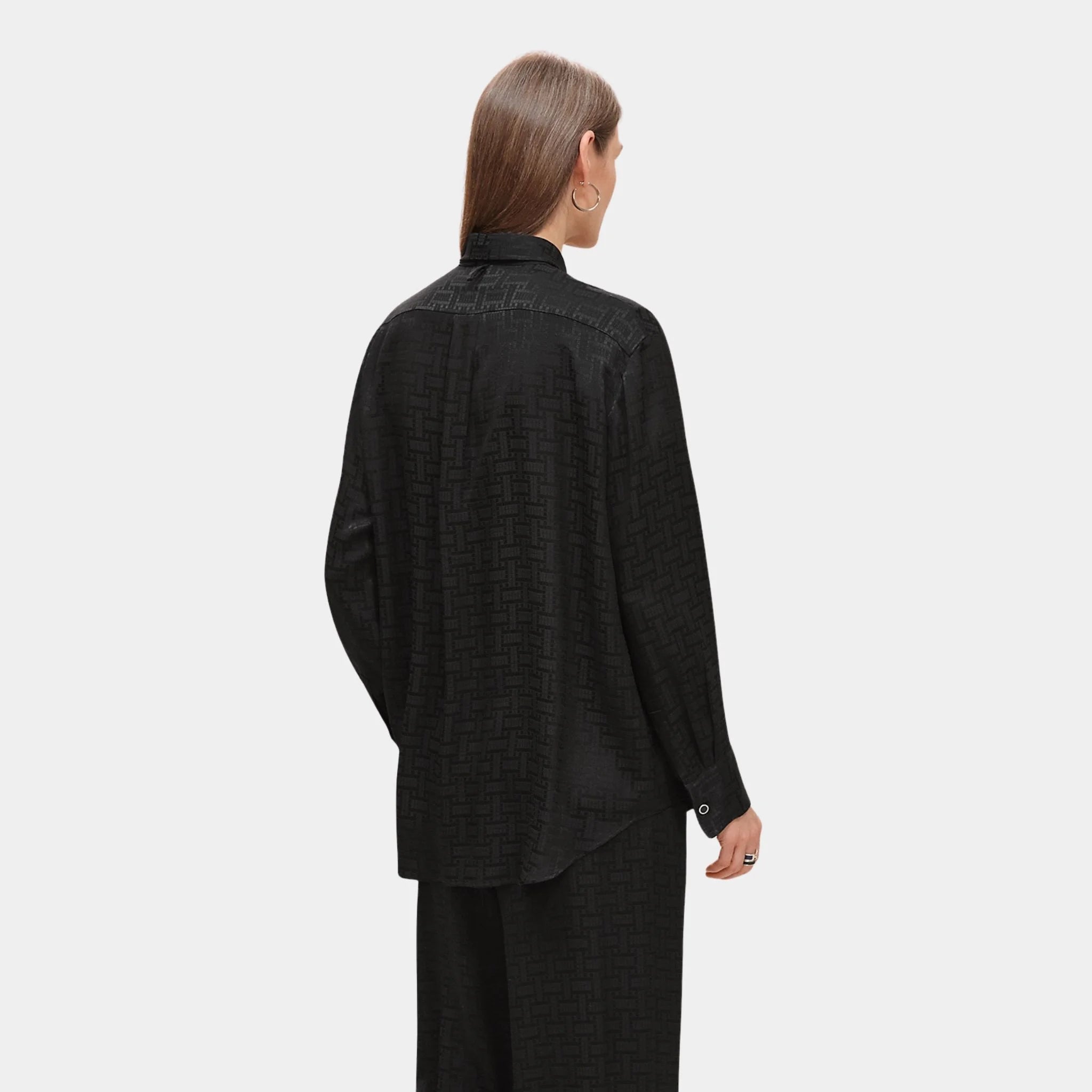 Hermes Mosaique Ascot Collar Shirt in Jacquard Silk, Noir, Back