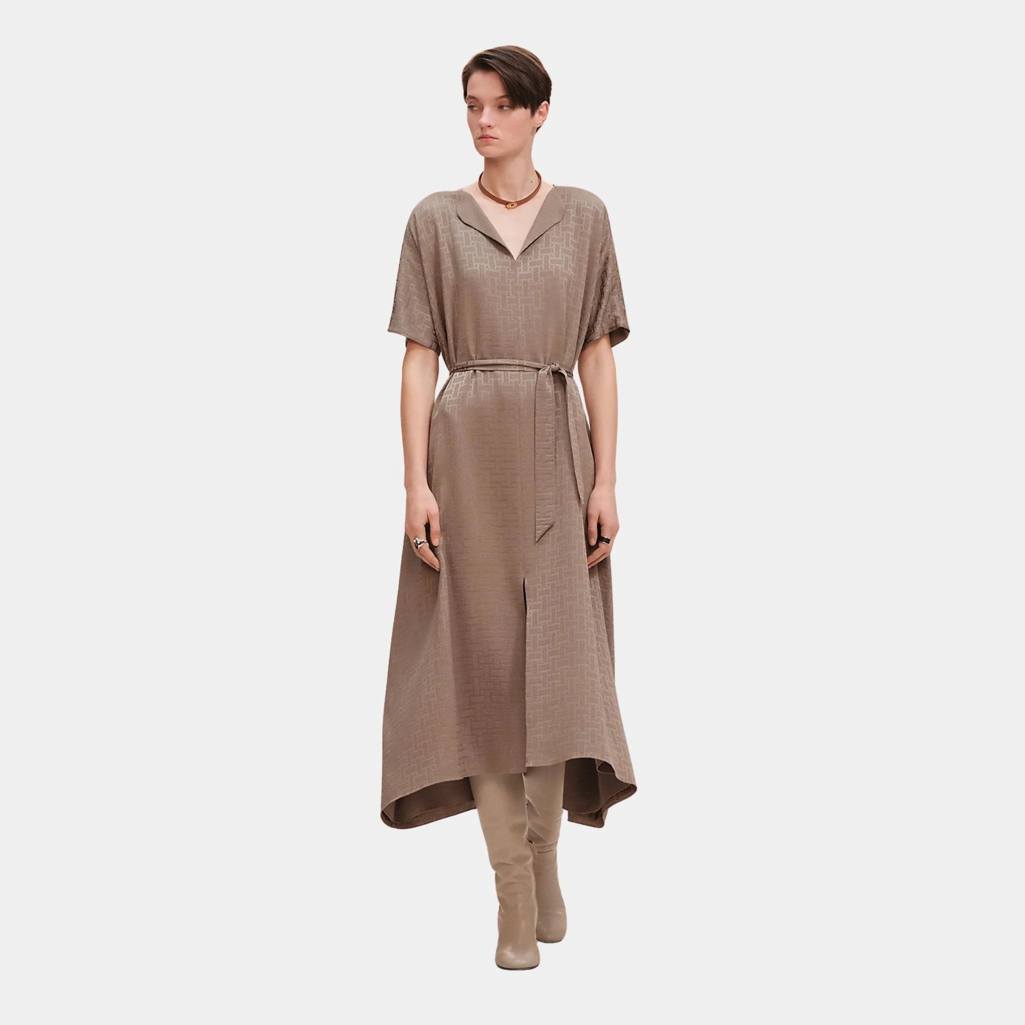 Hermes Mosaique Belted Caftan in Jacquard Silk, Gris Etoupe, Front