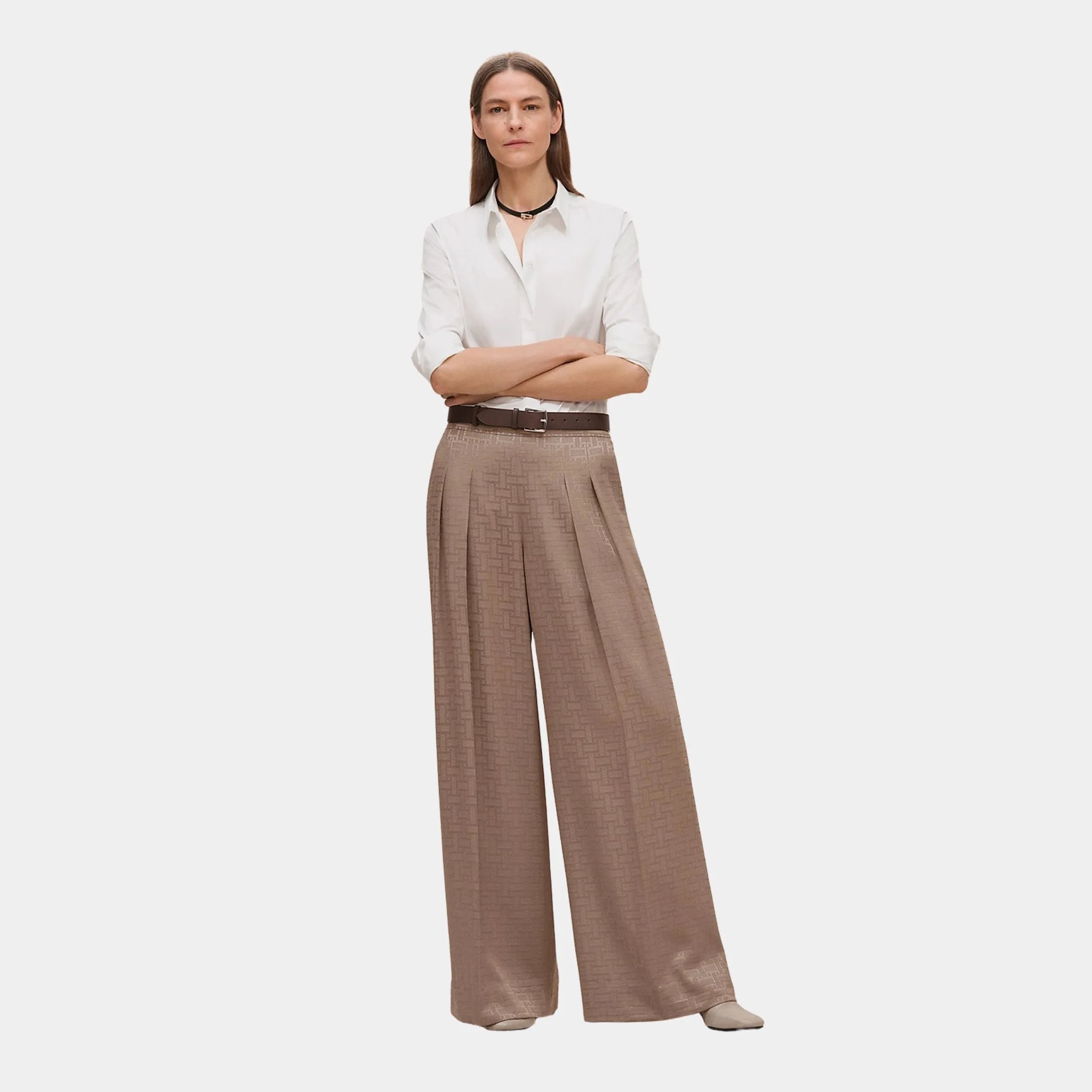 Hermes Mosaique Pants in Jacquard Silk, Gris Etoupe, Model, Front