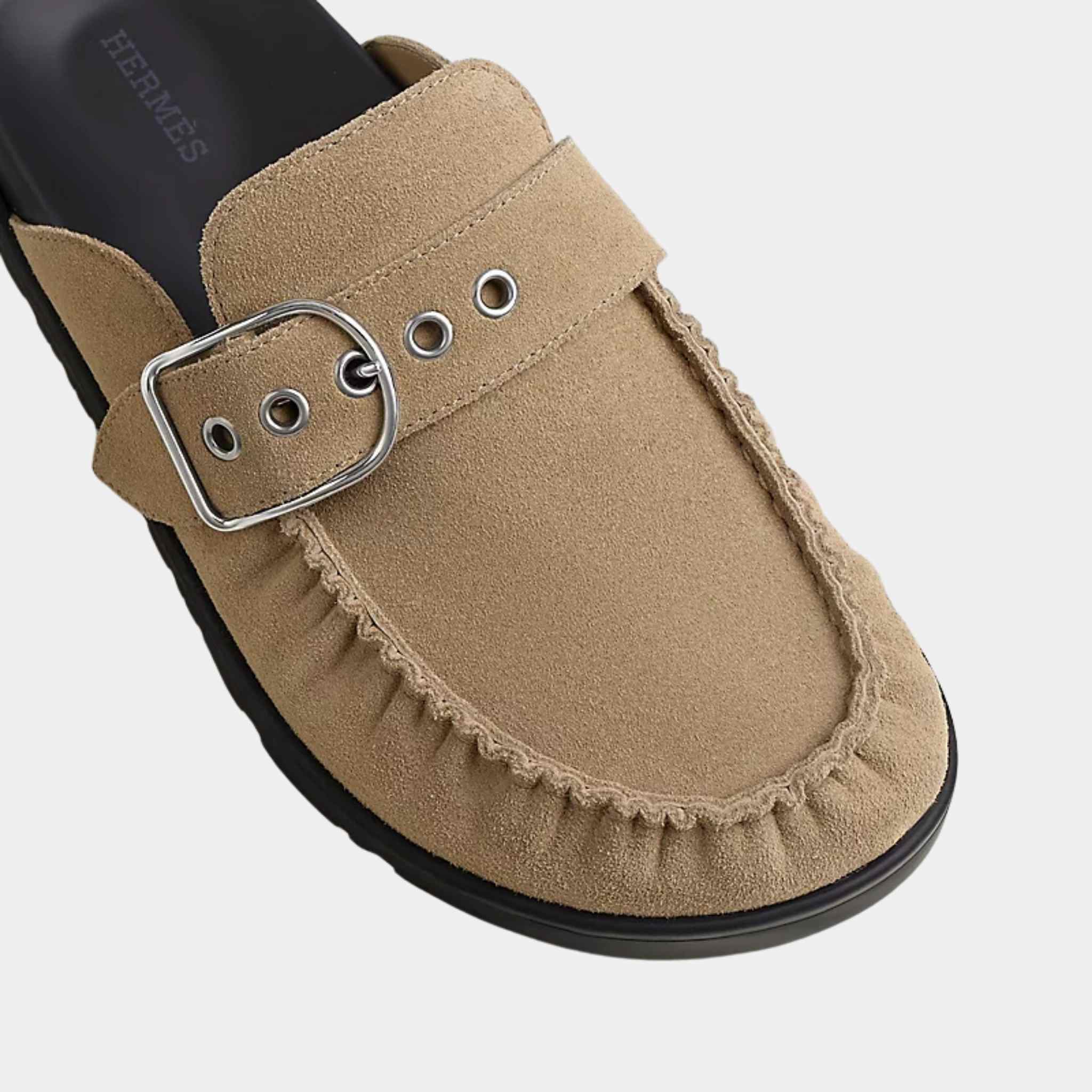 Hermes Mules Key Suede Calfskin, Beige Lin, Close