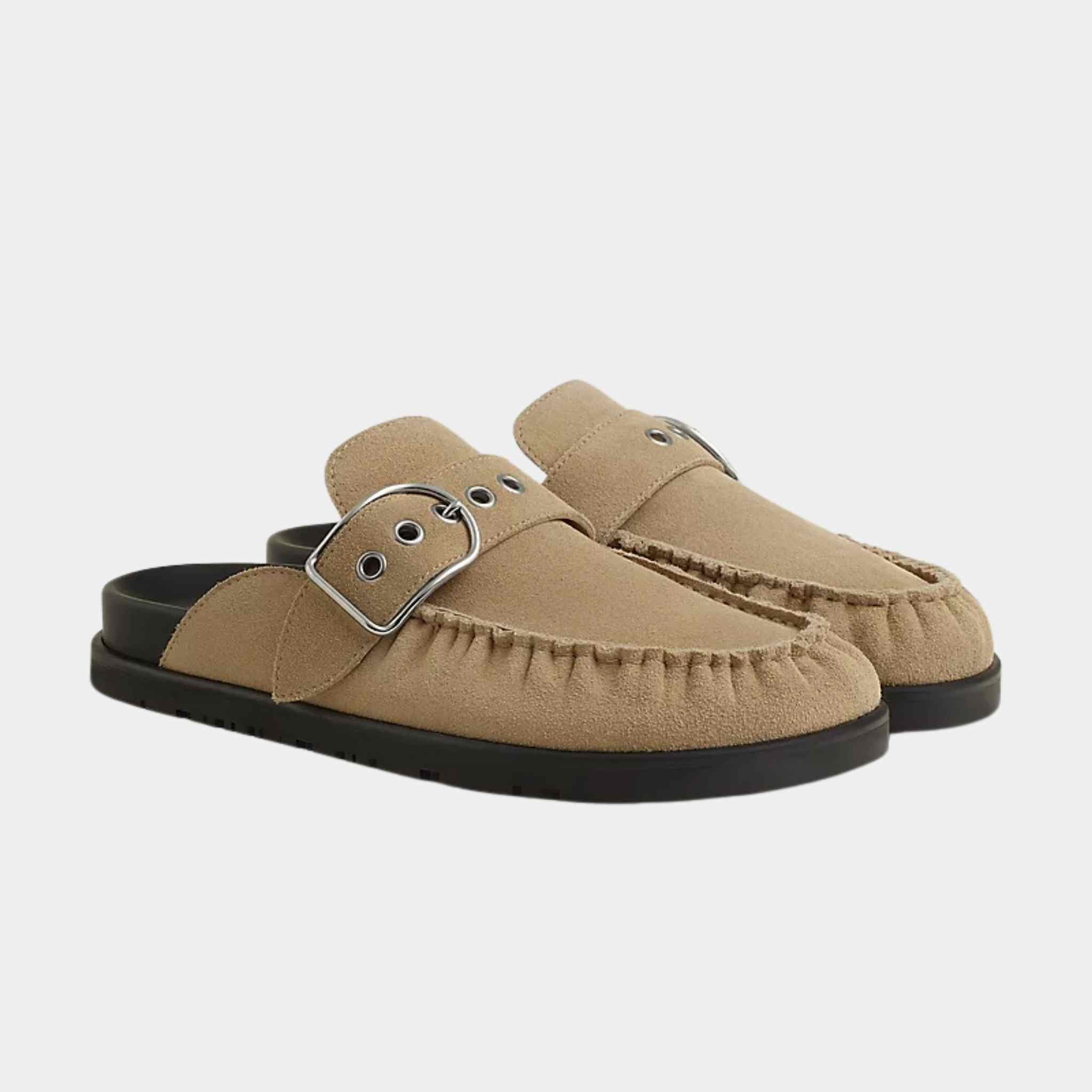 Hermes Mules Key Suede Calfskin, Beige Lin, Front