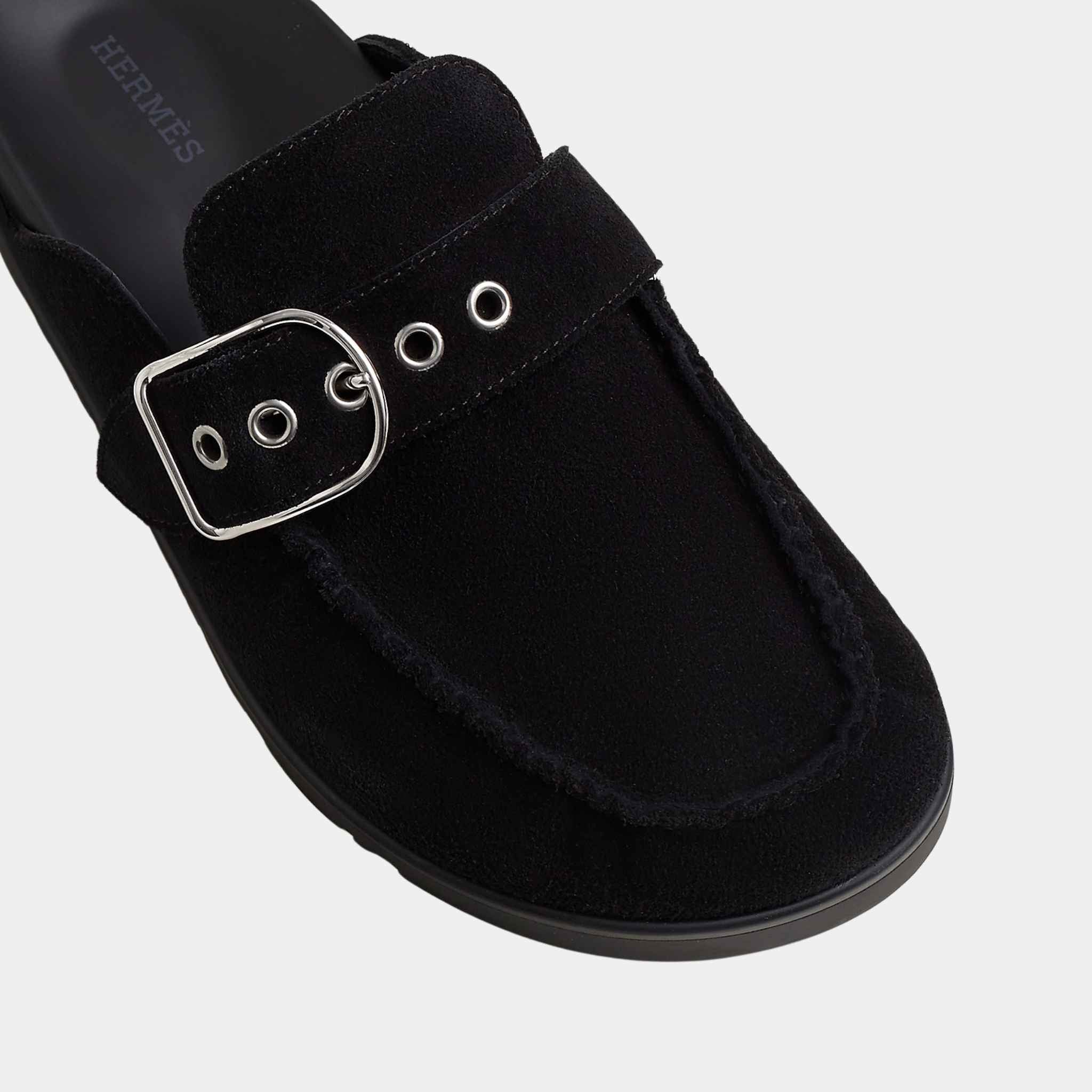 Hermes Mules Key Suede Calfskin, Black, Close