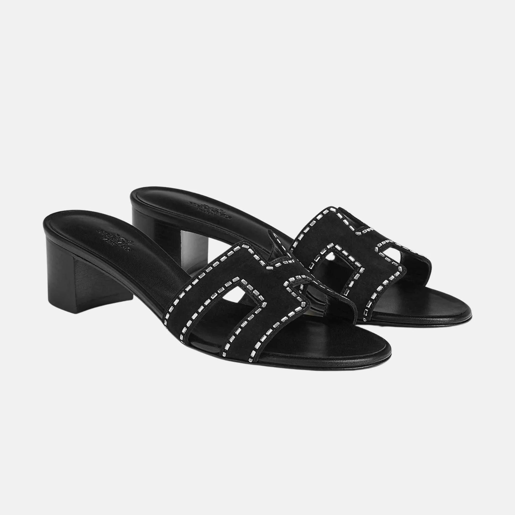 Hermes Oasis Black Suede Goatskin Rhinestone, Noir, Front