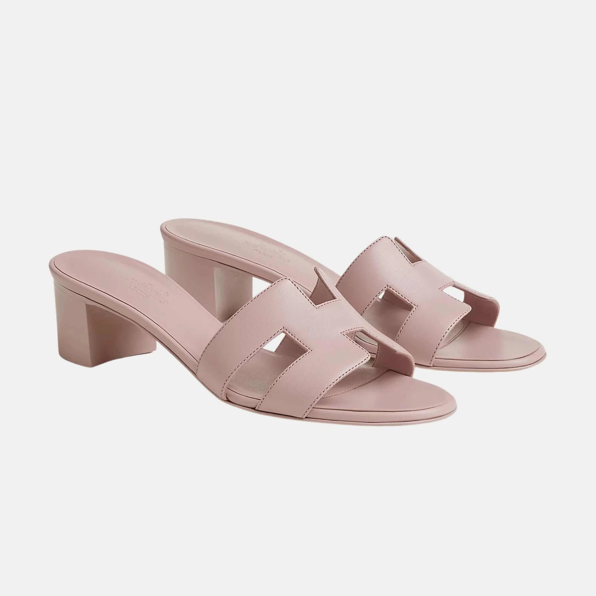 Hermes Oasis Sandals Calfskin, White, Rose Canan, Front