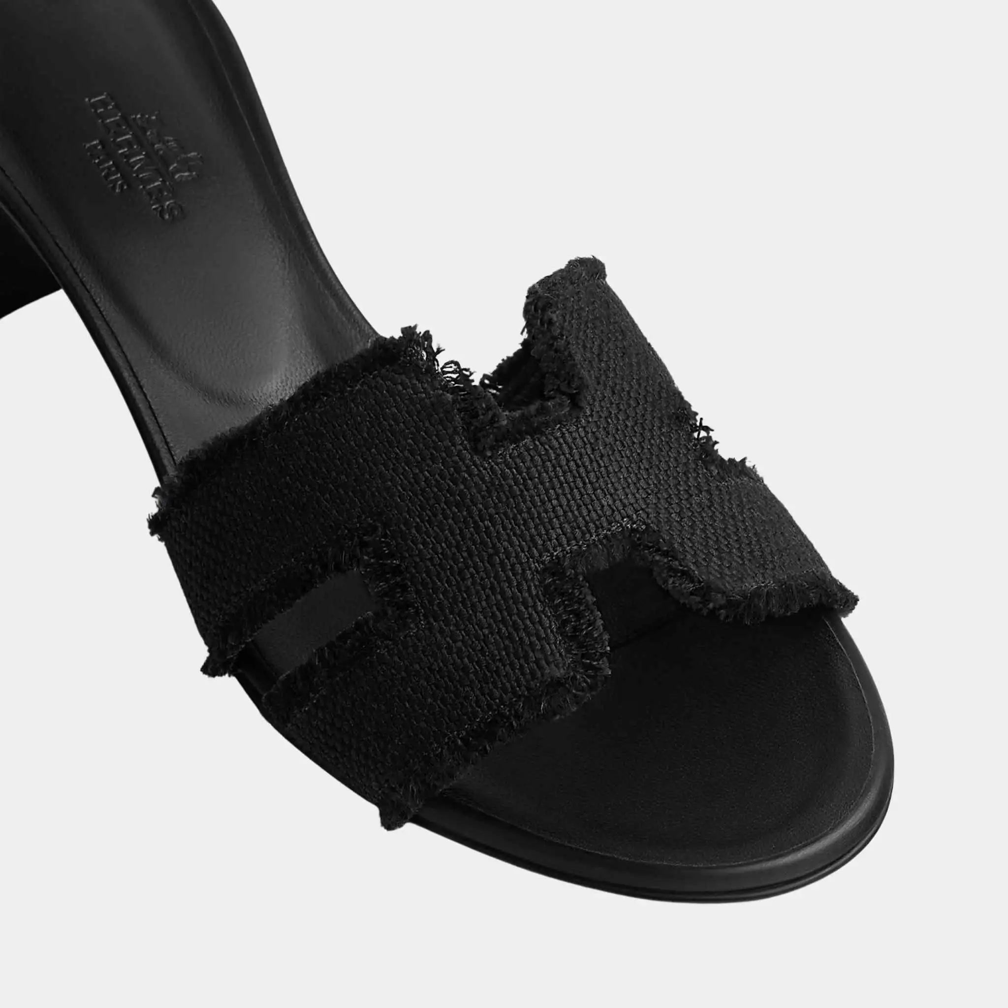 Hermes Oasis Sandals Fringed Linen Canvas, Black, Top