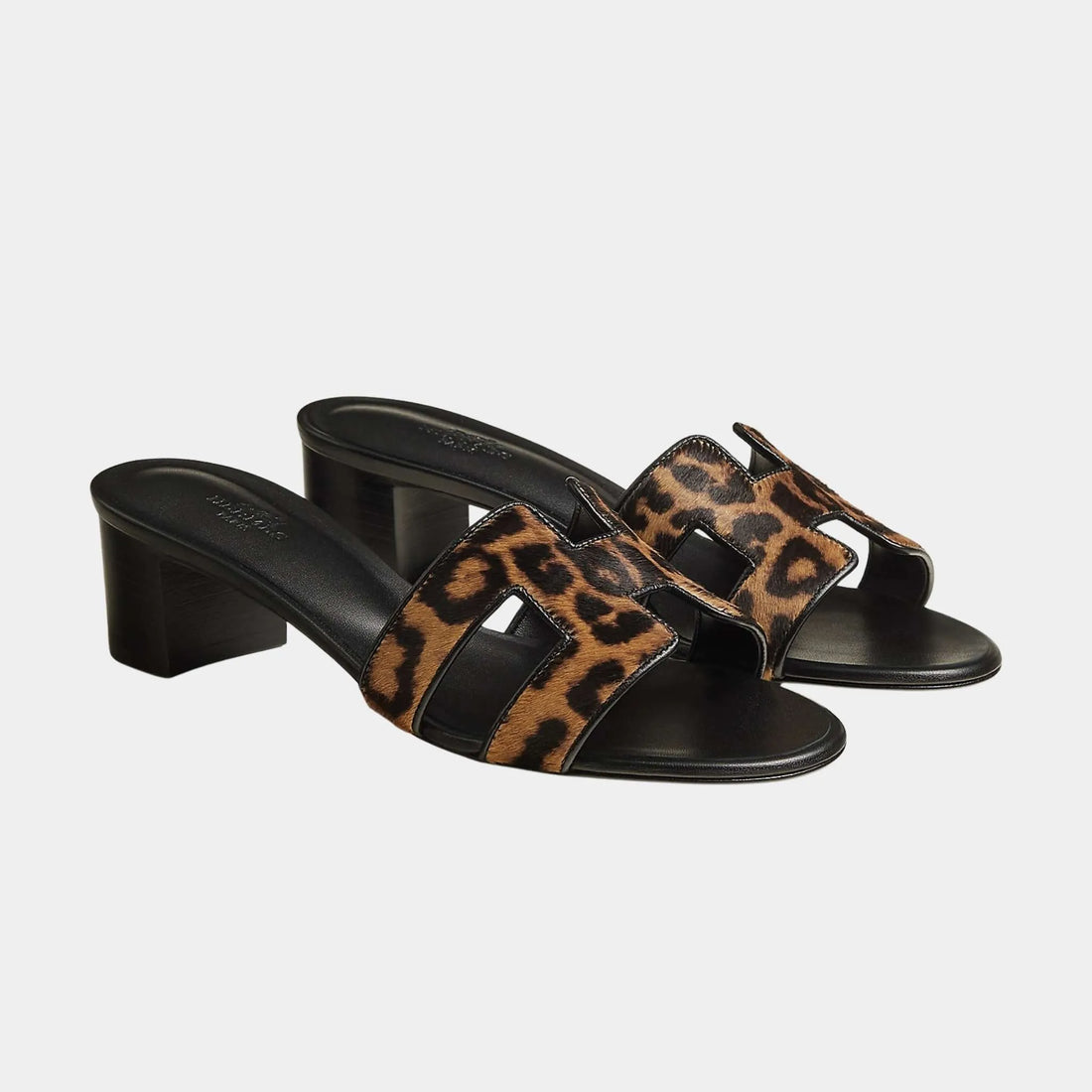 Hermes Oasis Sandals in Moire Calfskin, Gold, Noir, Front