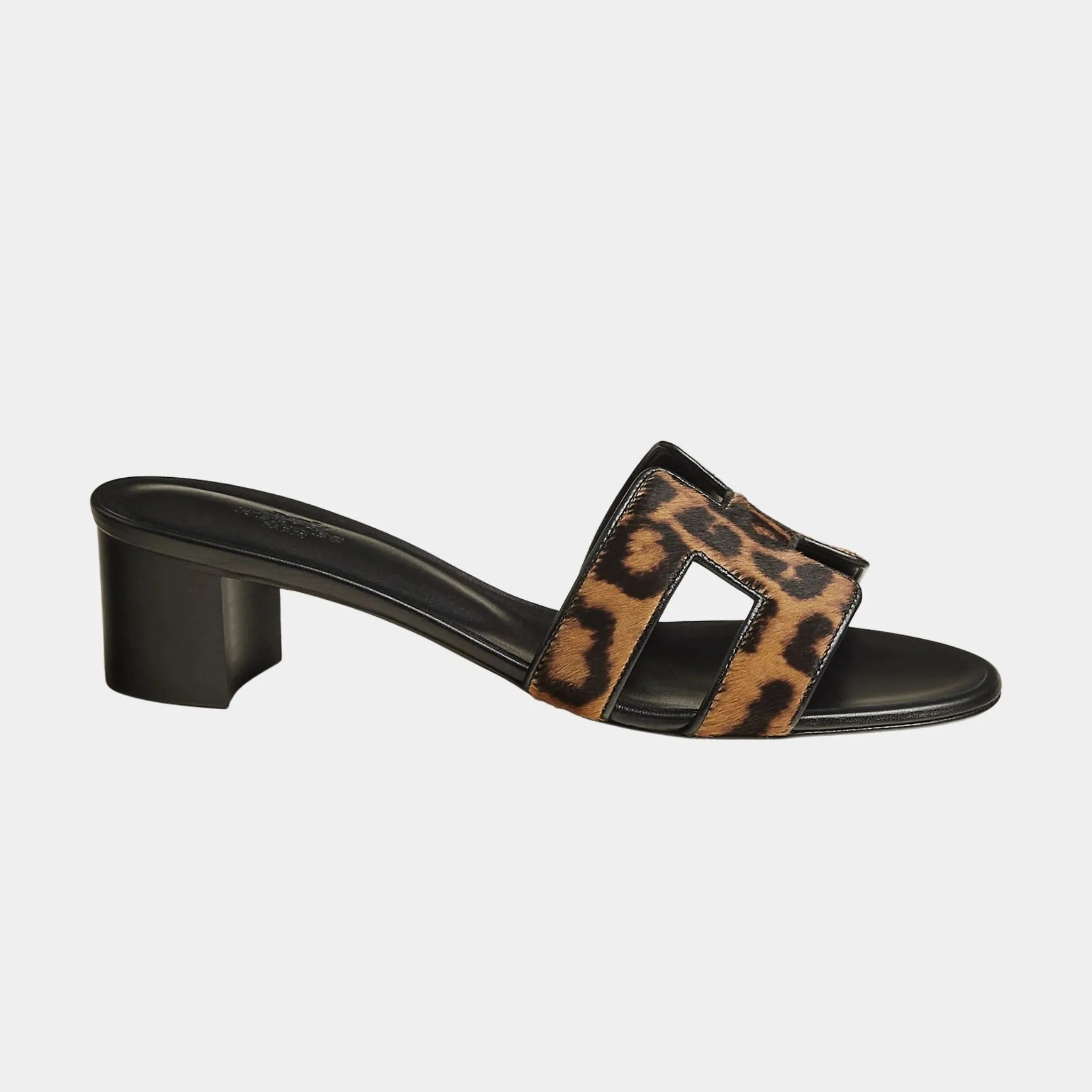 Hermes Oasis Sandals in Moire Calfskin, Gold, Noir, Side