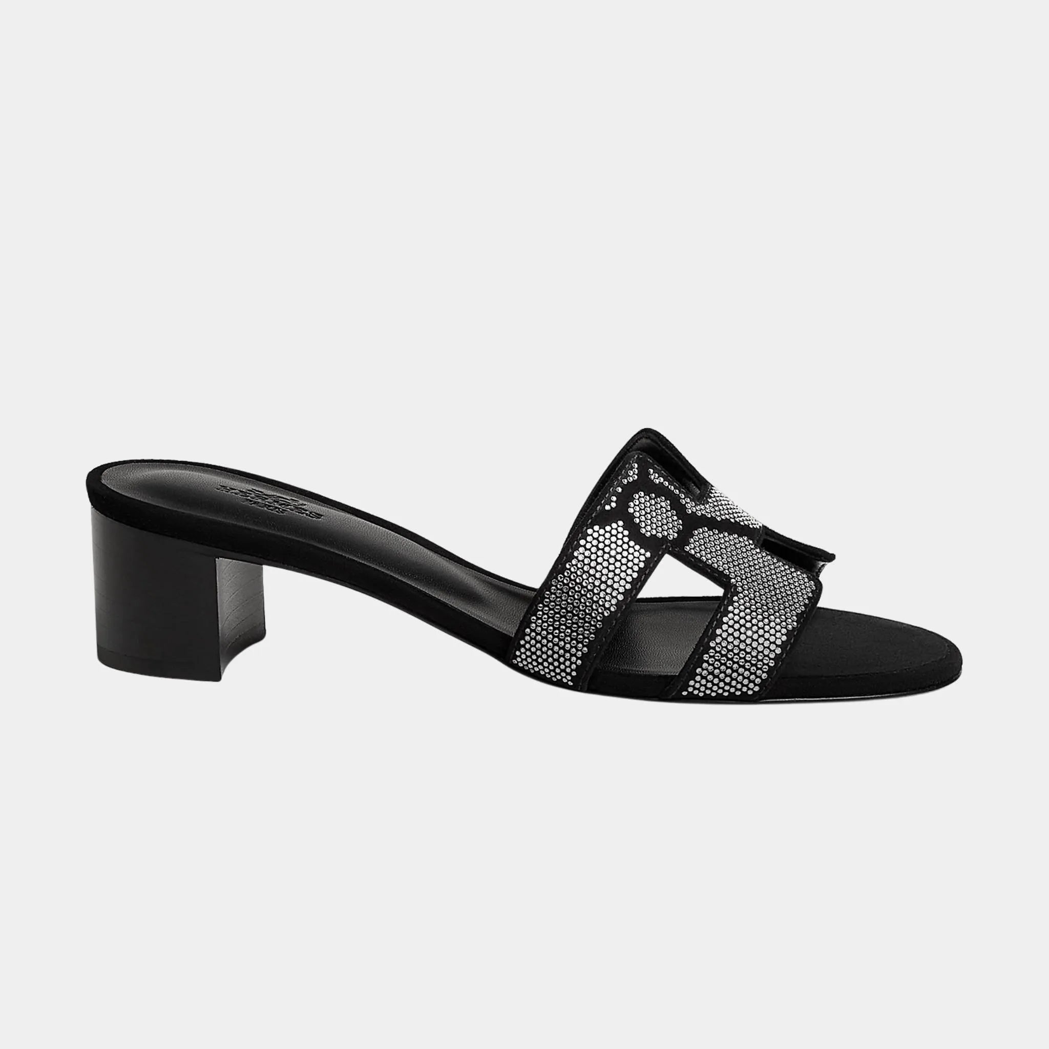 Hermes Oasis Sandals in Suede with Figure Artistique Motif, Noir, Crystal, Side
