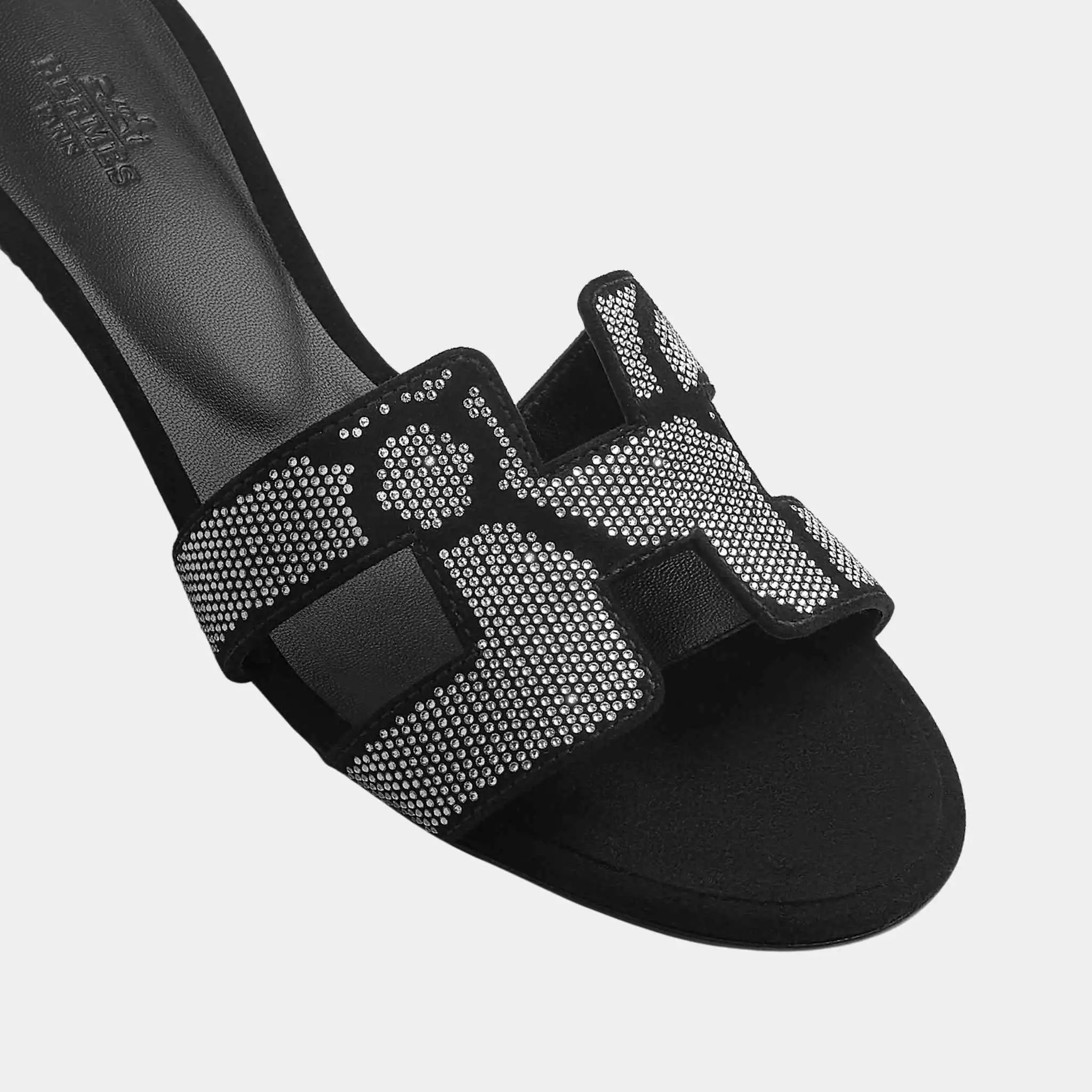 Hermes Oasis Sandals in Suede with Figure Artistique Motif, Noir, Crystal, Top