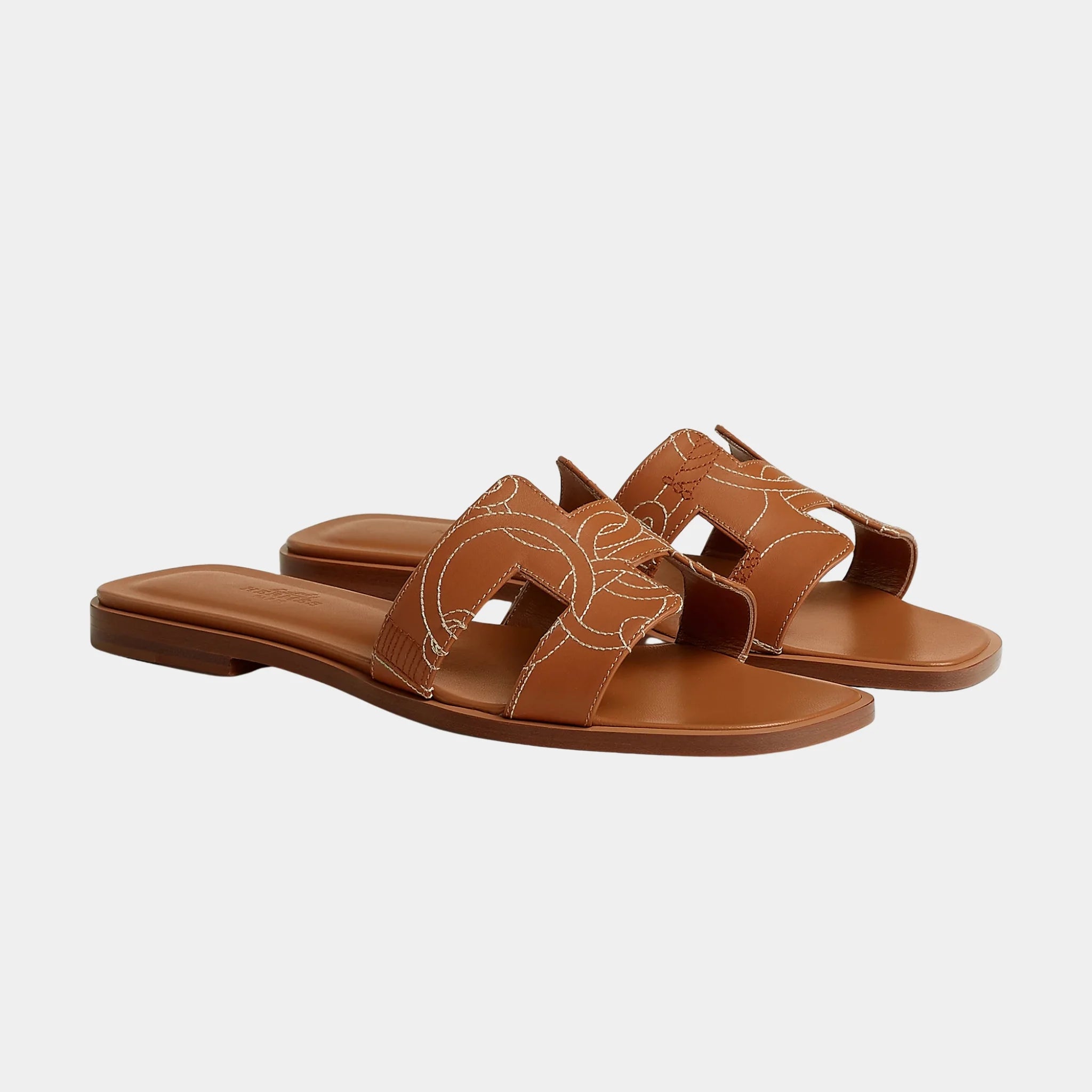 Hermes Oran Sandal in Panoplie Equestre Embroidered Calfskin, Naturel, Front