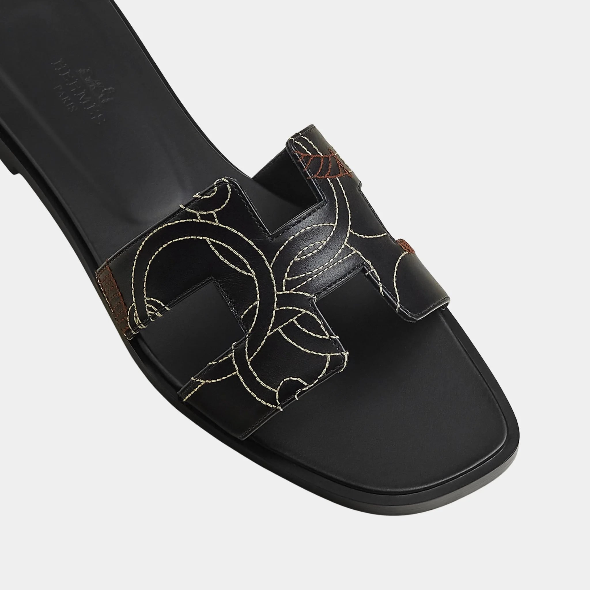 Hermes Oran Sandal in Panoplie Equestre Embroidered Calfskin, Noir, Top