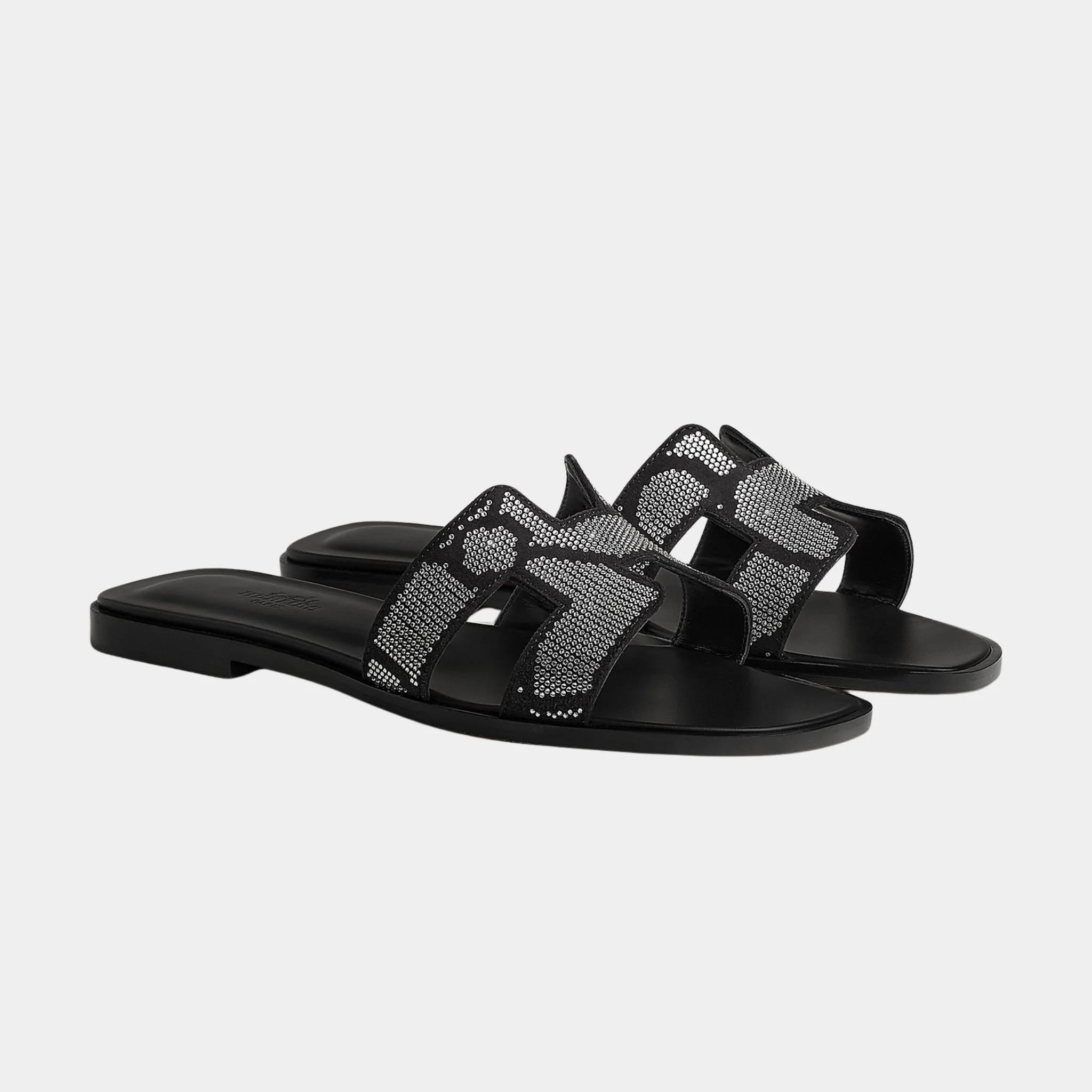 Hermes Oran Sandal in Suede with Figure Artistique Rhinestone, Noir, Cristal, Front
