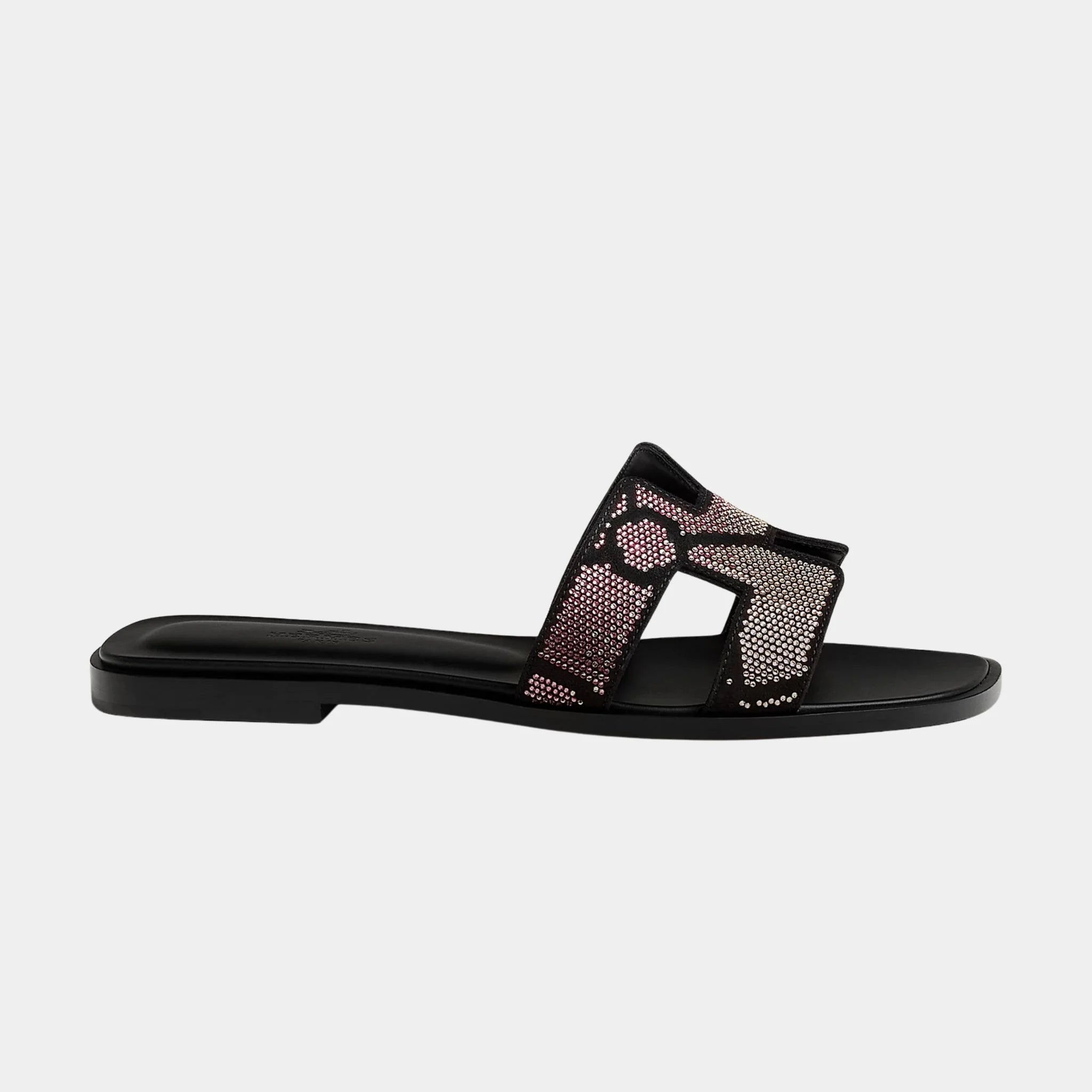 Hermes Oran Sandal in Suede with Figure Artistique Rhinestone, Noir, Rose, Side