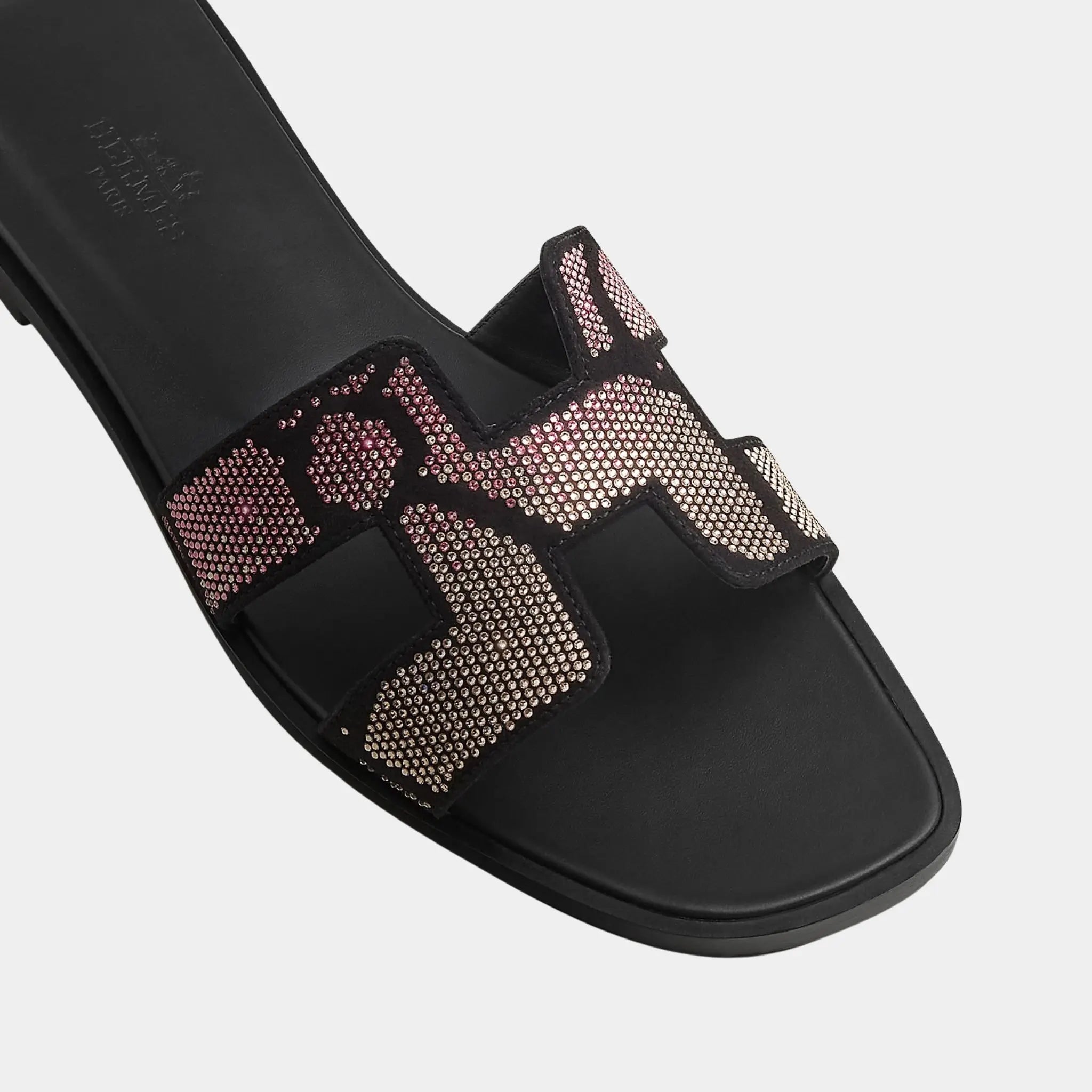 Hermes Oran Sandal in Suede with Figure Artistique Rhinestone, Noir, Rose, Top