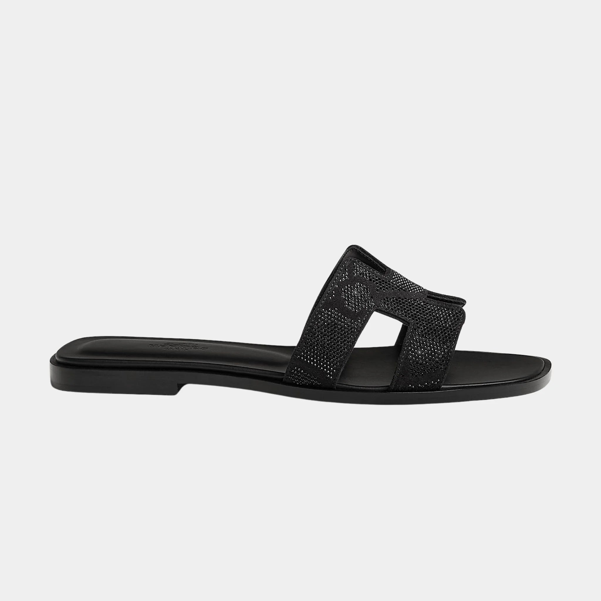 Hermes Oran Sandal in Suede with Figure Artistique Rhinestone, Noir, Side