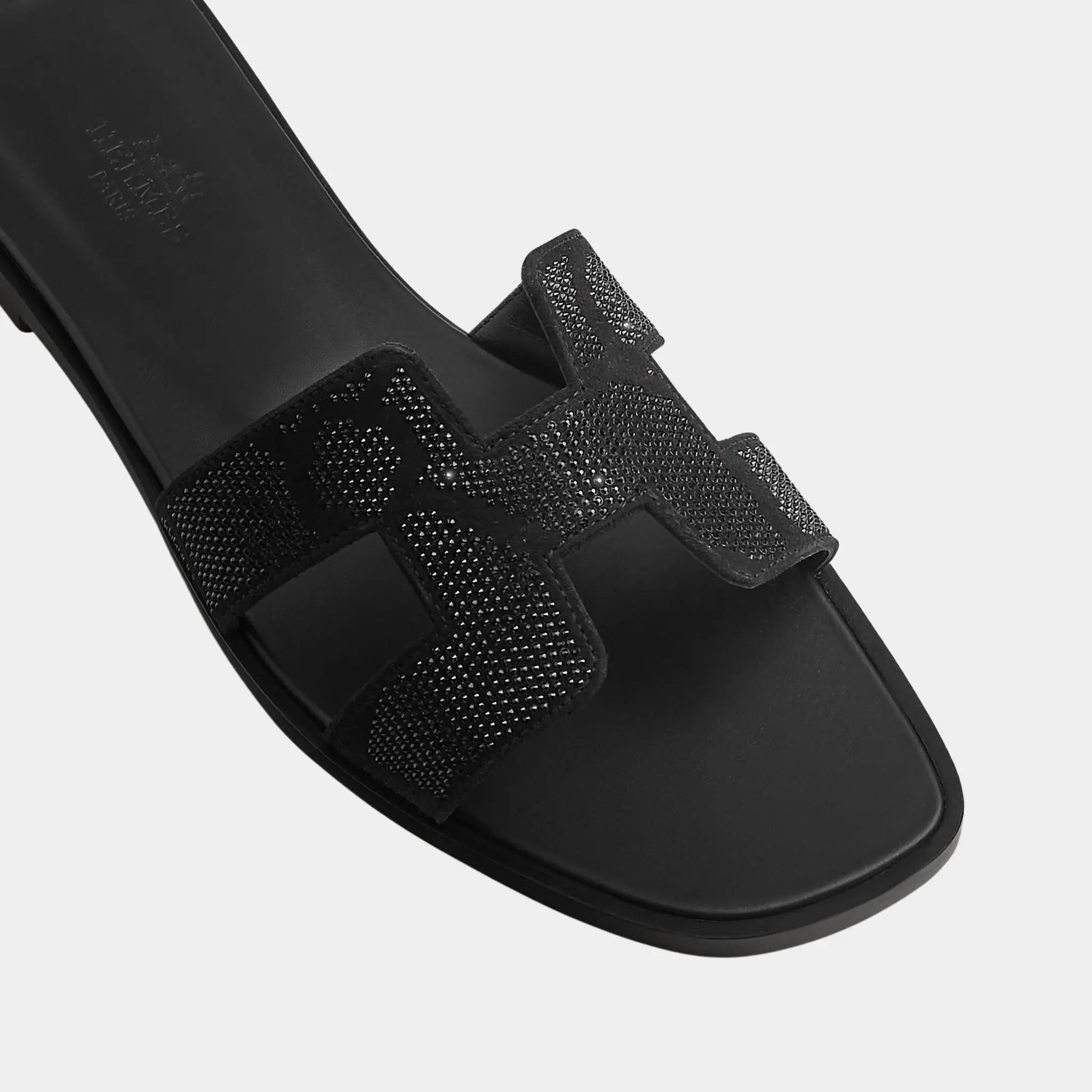 Hermes Oran Sandal in Suede with Figure Artistique Rhinestone, Noir, Top