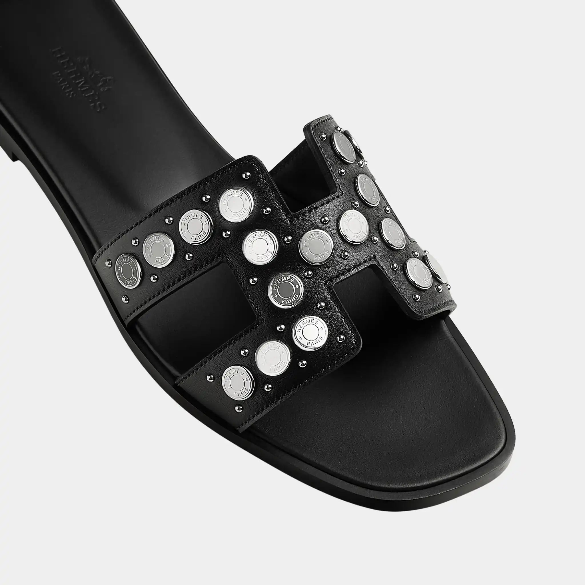 Hermes Oran Sandal in Calfskin with Clou de Selle Studs, Noir, Top