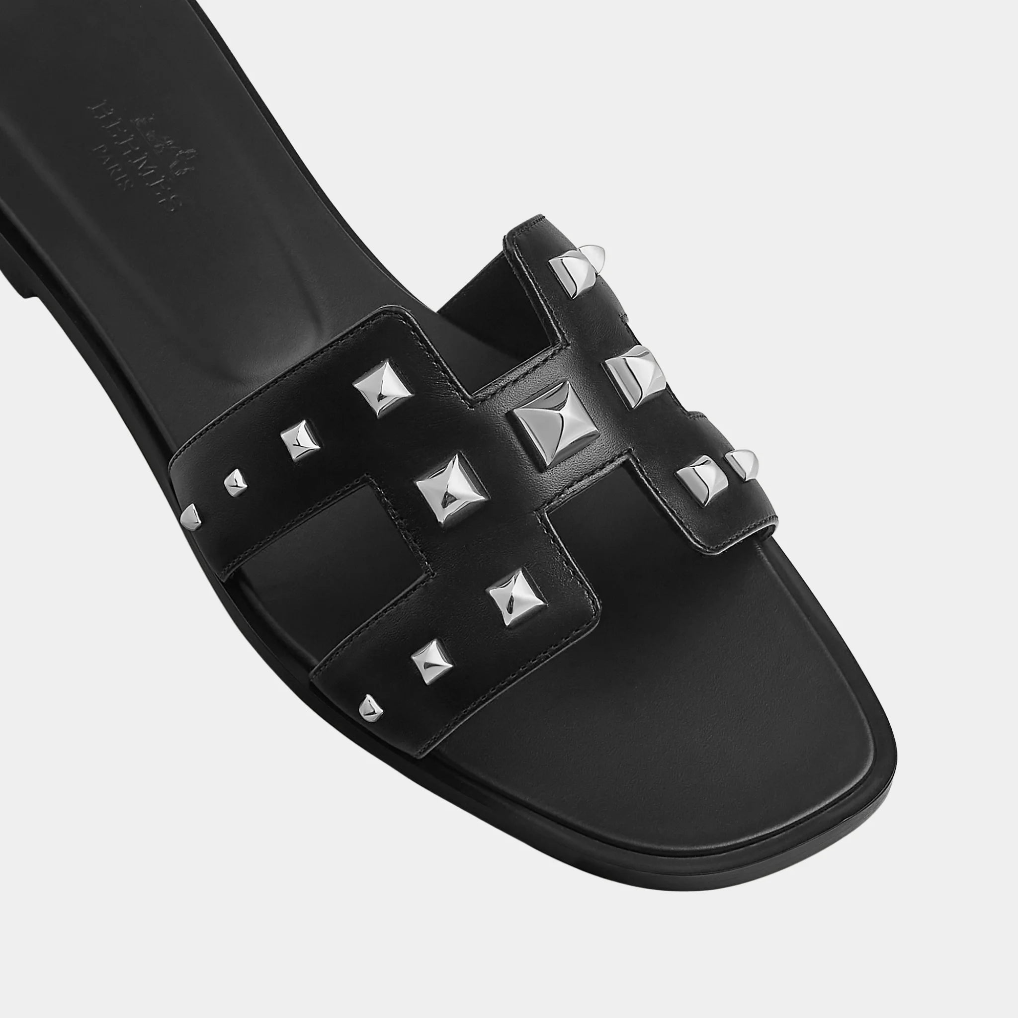 Hermes Oran Sandals in Calfskin with Studs, Noir, Top