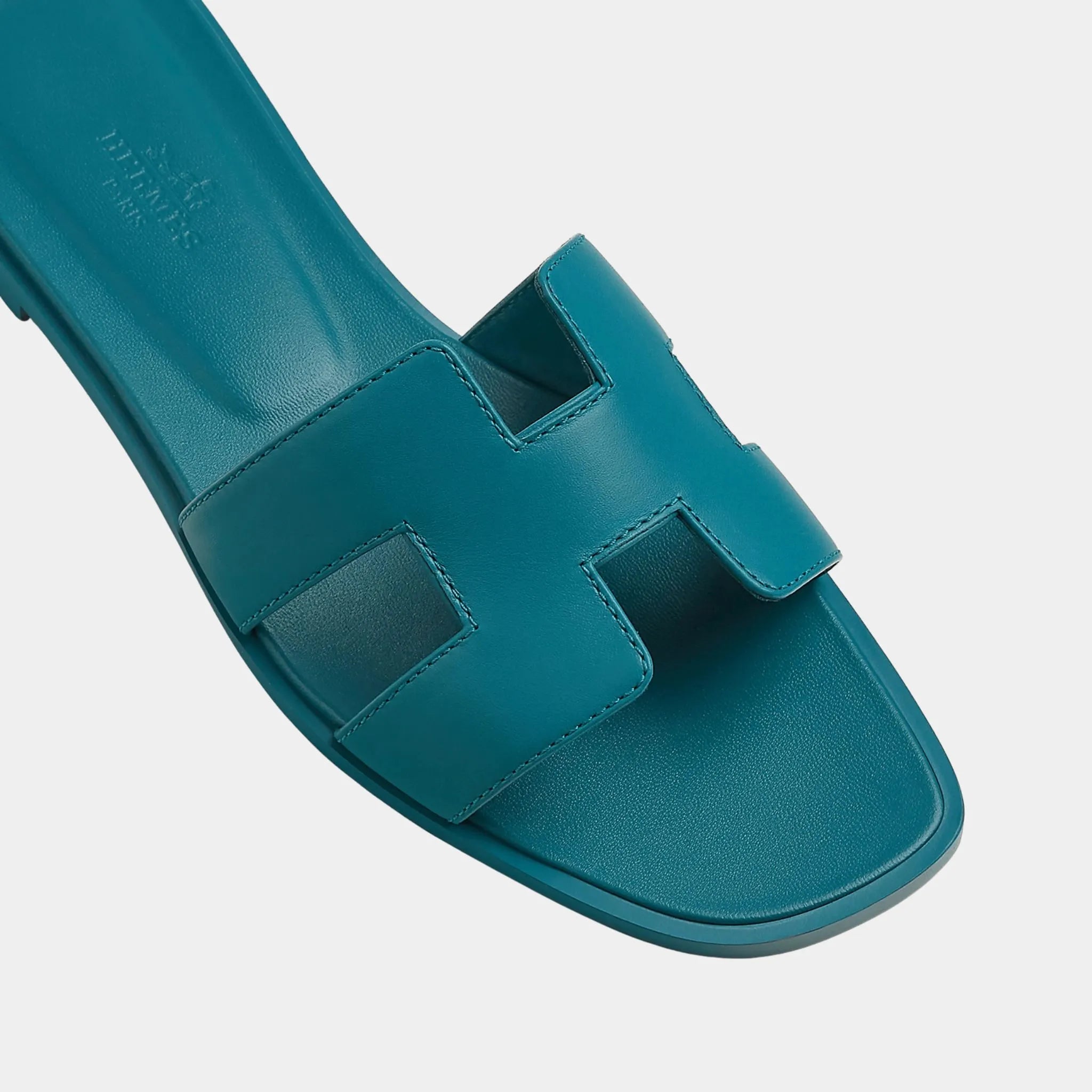Hermes Oran Sandals In Calfskin, Bleu Iroise, Top