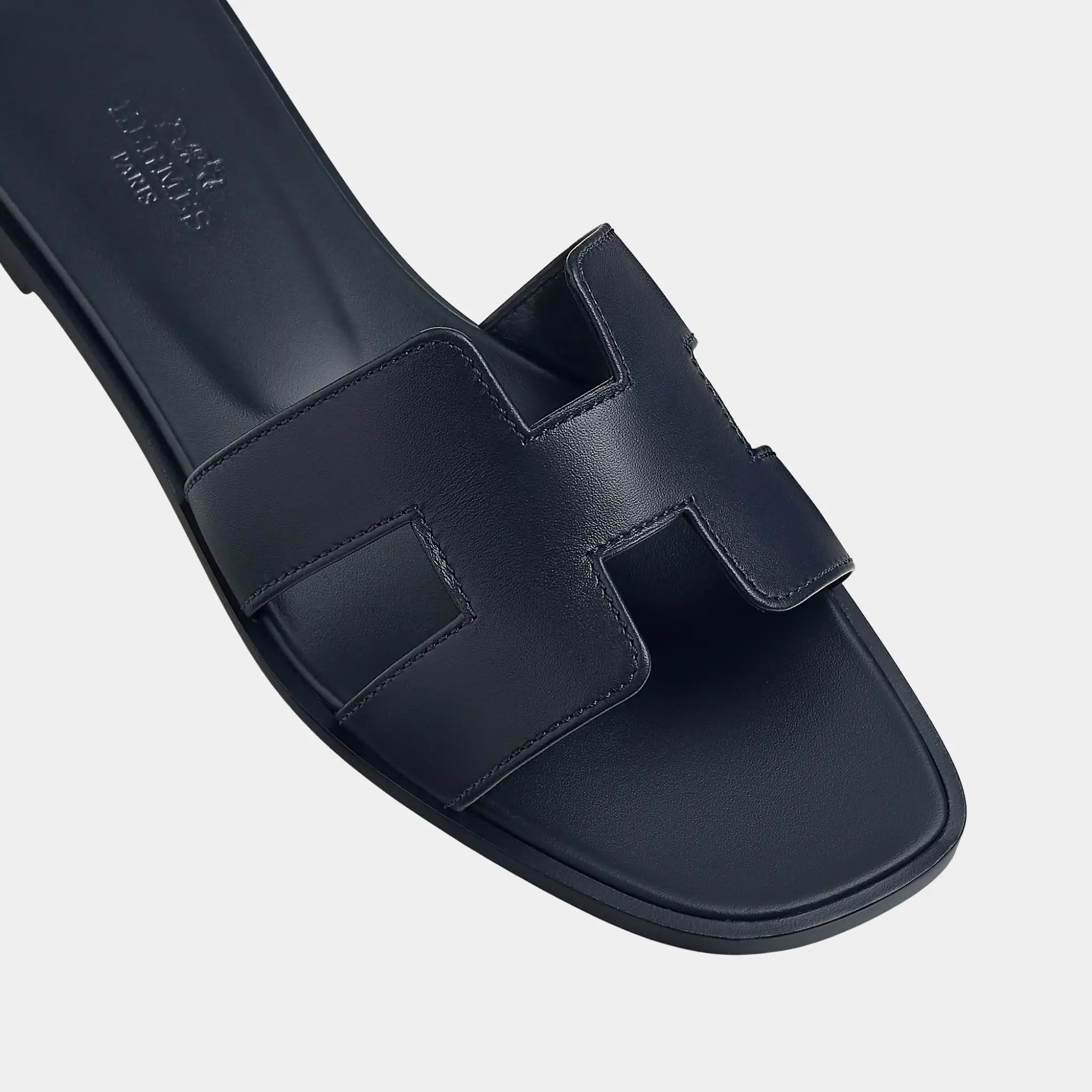Hermes Oran Sandals In Calfskin, Marine, Top