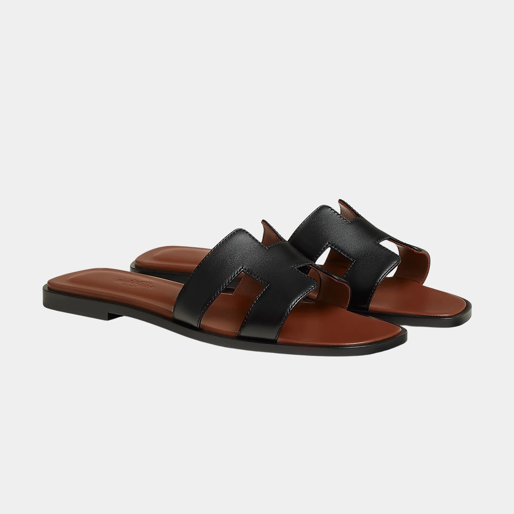 Hermes Oran Sandals In Calfskin, Noir, Gold, Front