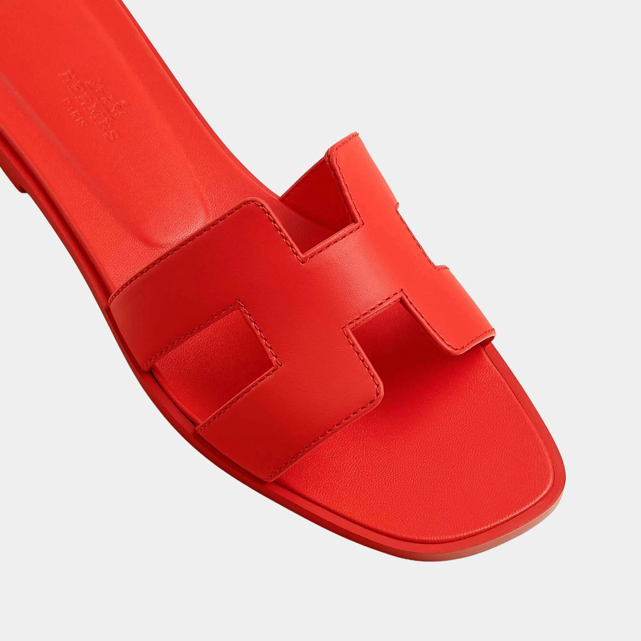 Hermes Oran Sandals In Calfskin, Rouge Grenadine, Top