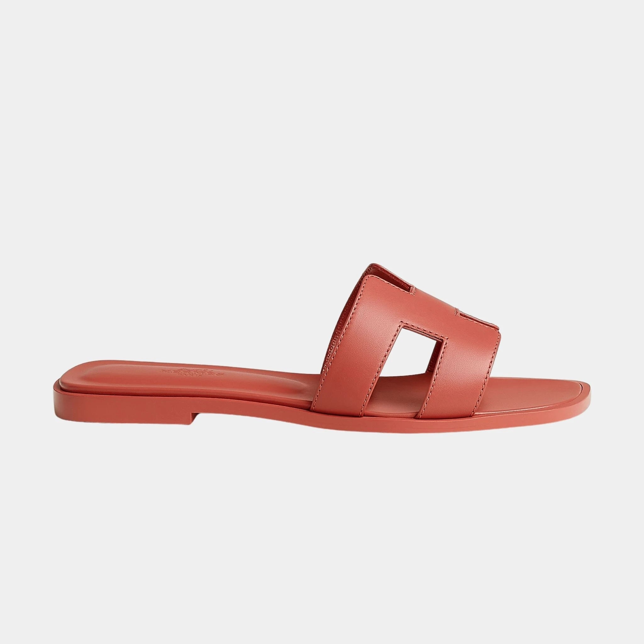 Hermes Oran Sandals In Calfskin, Rouge Tomette, Side