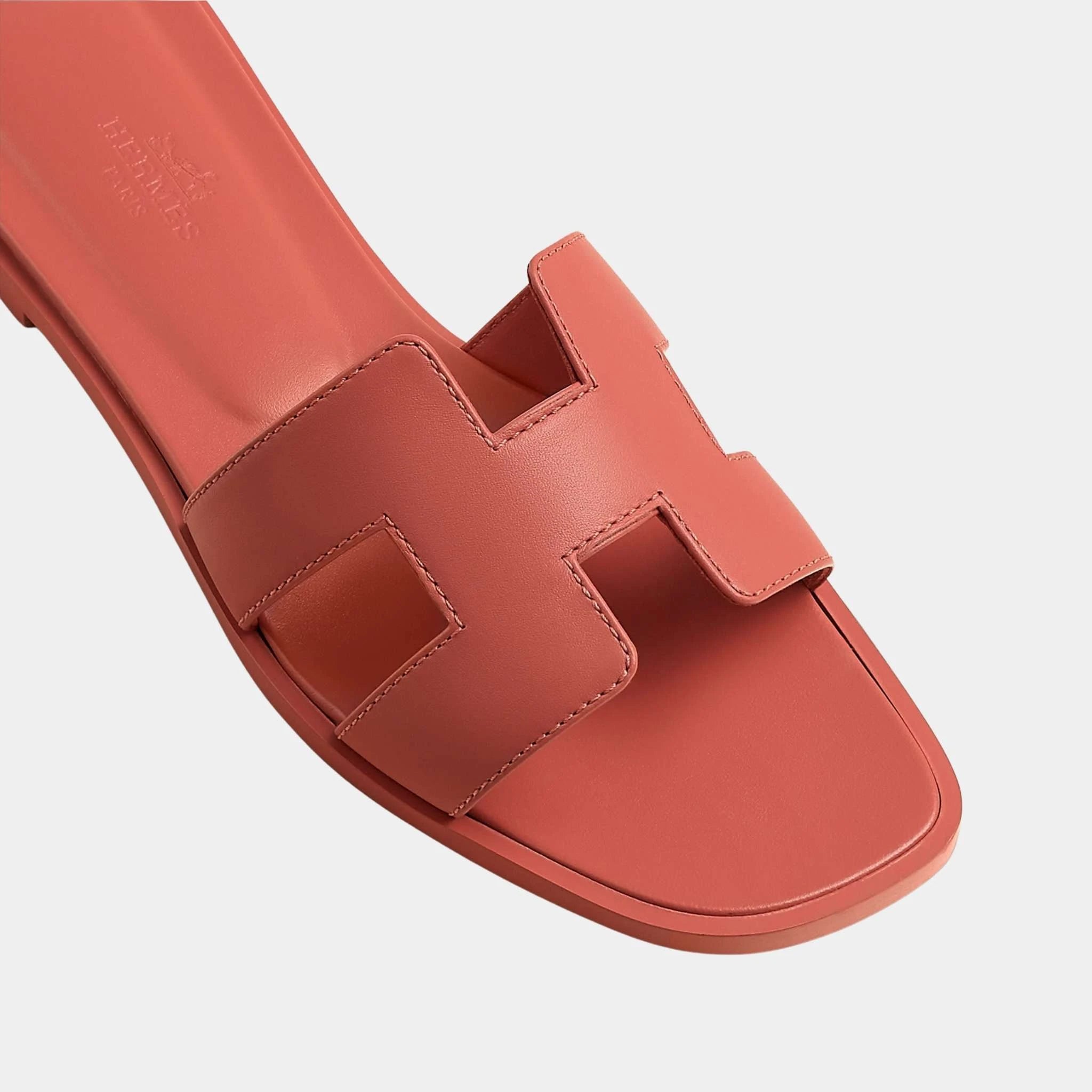 Hermes Oran Sandals In Calfskin, Rouge Tomette, Top