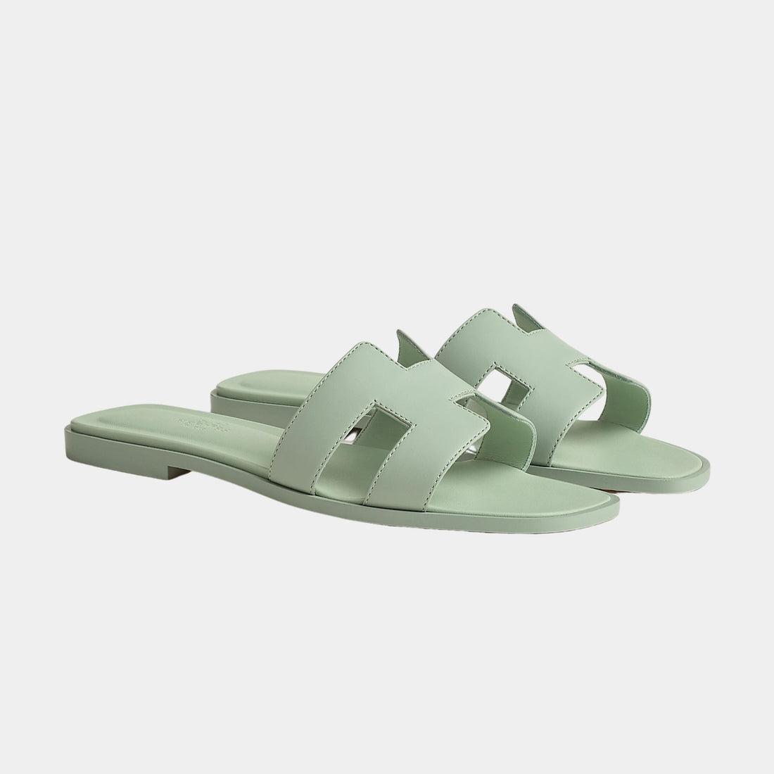 Hermes Oran Sandals In Calfskin, Vert Deau, Front