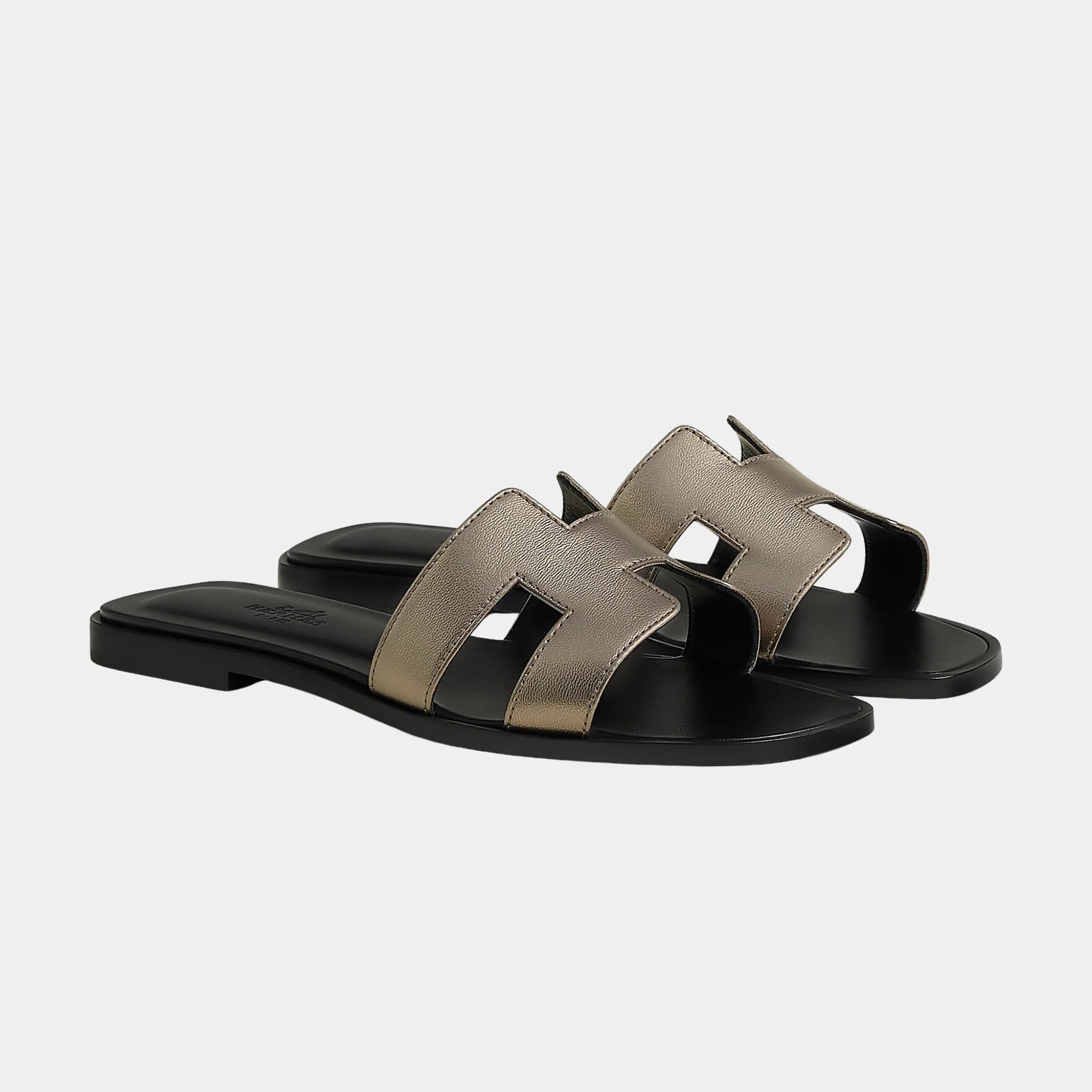 Hermes Oran Sandals in Metallic Goatskin, Champagne, Front
