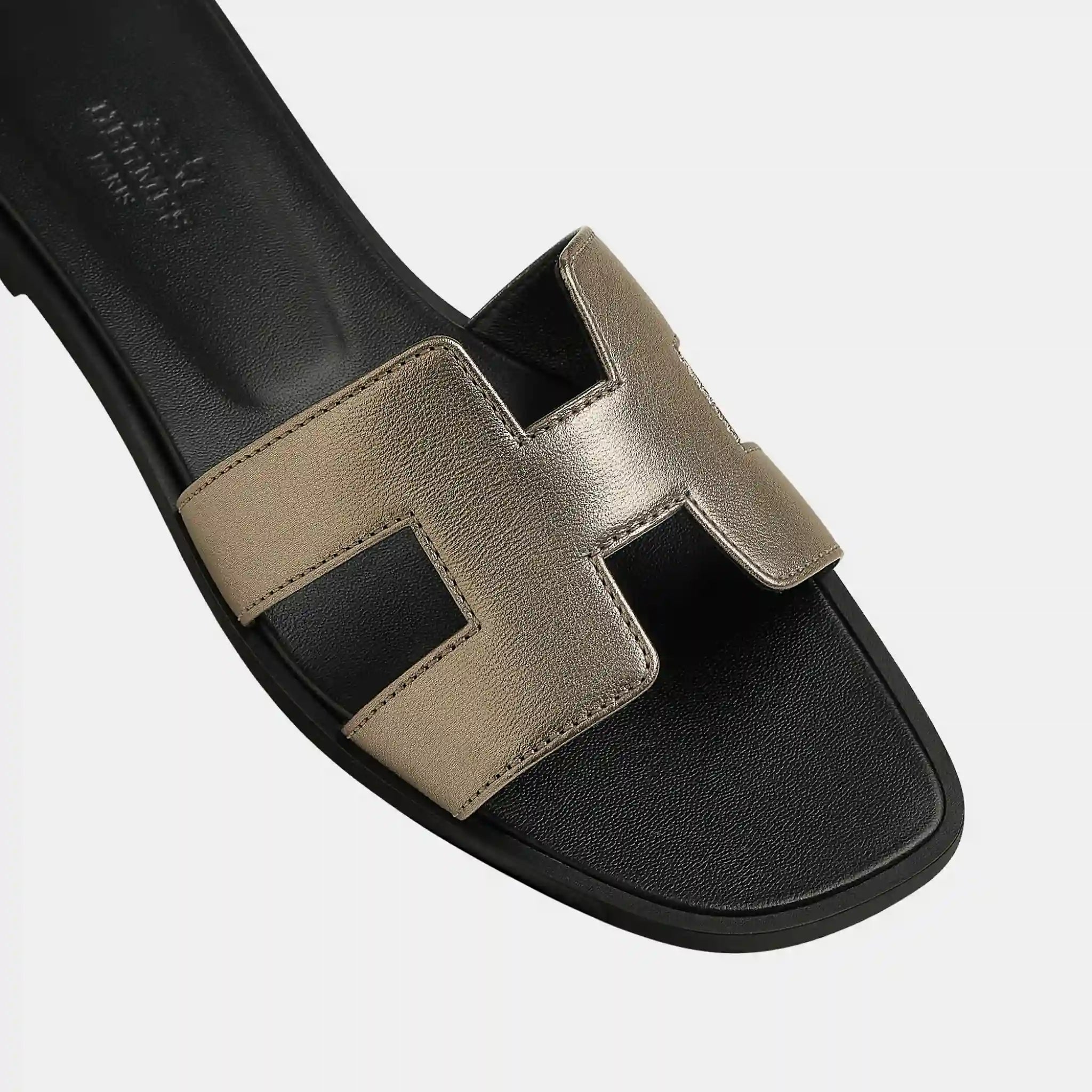 Hermes Oran Sandals in Metallic Goatskin, Champagne, Top