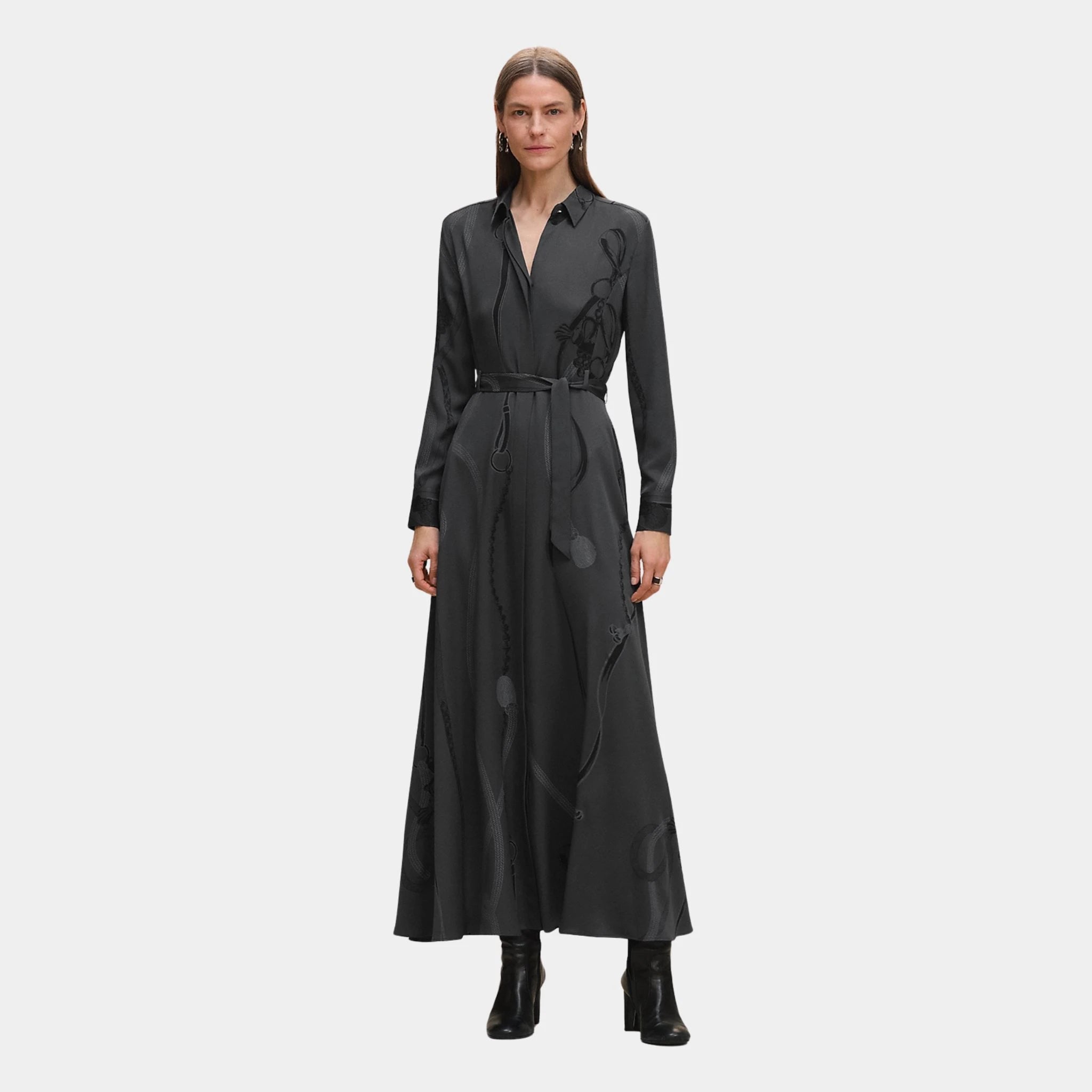 Hermes Palefroi Remix Buttoned Long Dress, Gris Charbon, Front