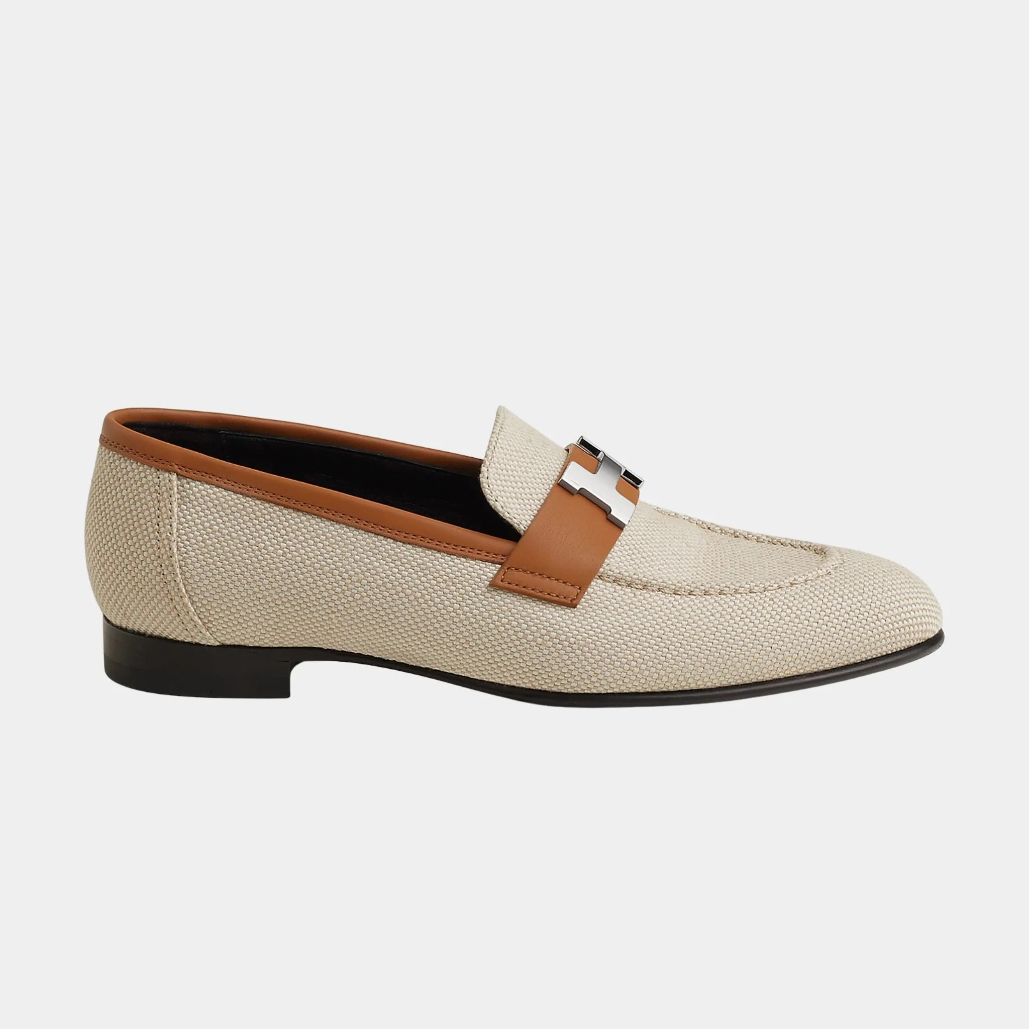 Hermes Paris Loafer in Linen and Calfskin, Beige, Naturel, Side