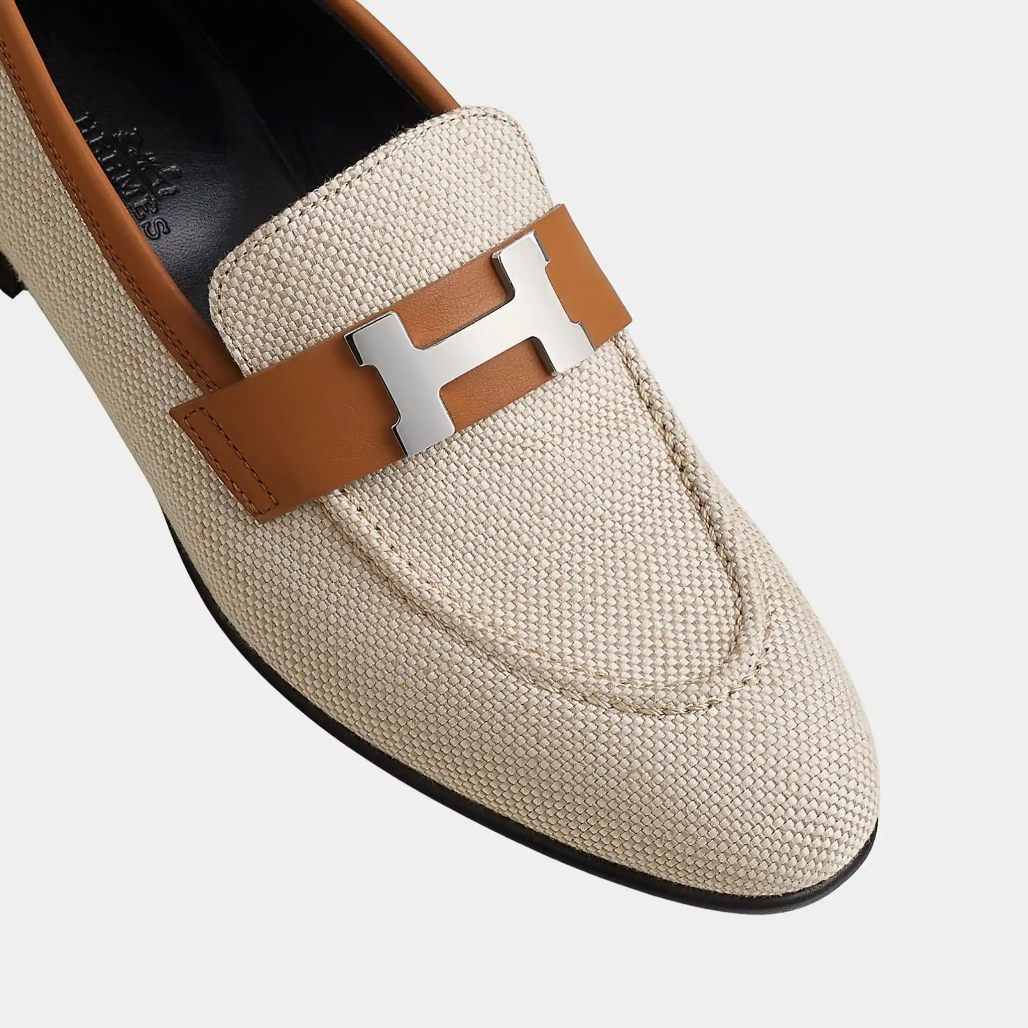 Hermes Paris Loafer in Linen and Calfskin, Beige, Naturel, Top