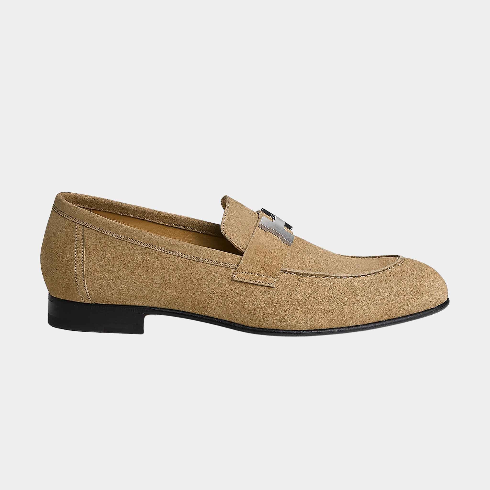 Hermes Paris Loafer in Suede Goatskin Men, Beige Dune, Side