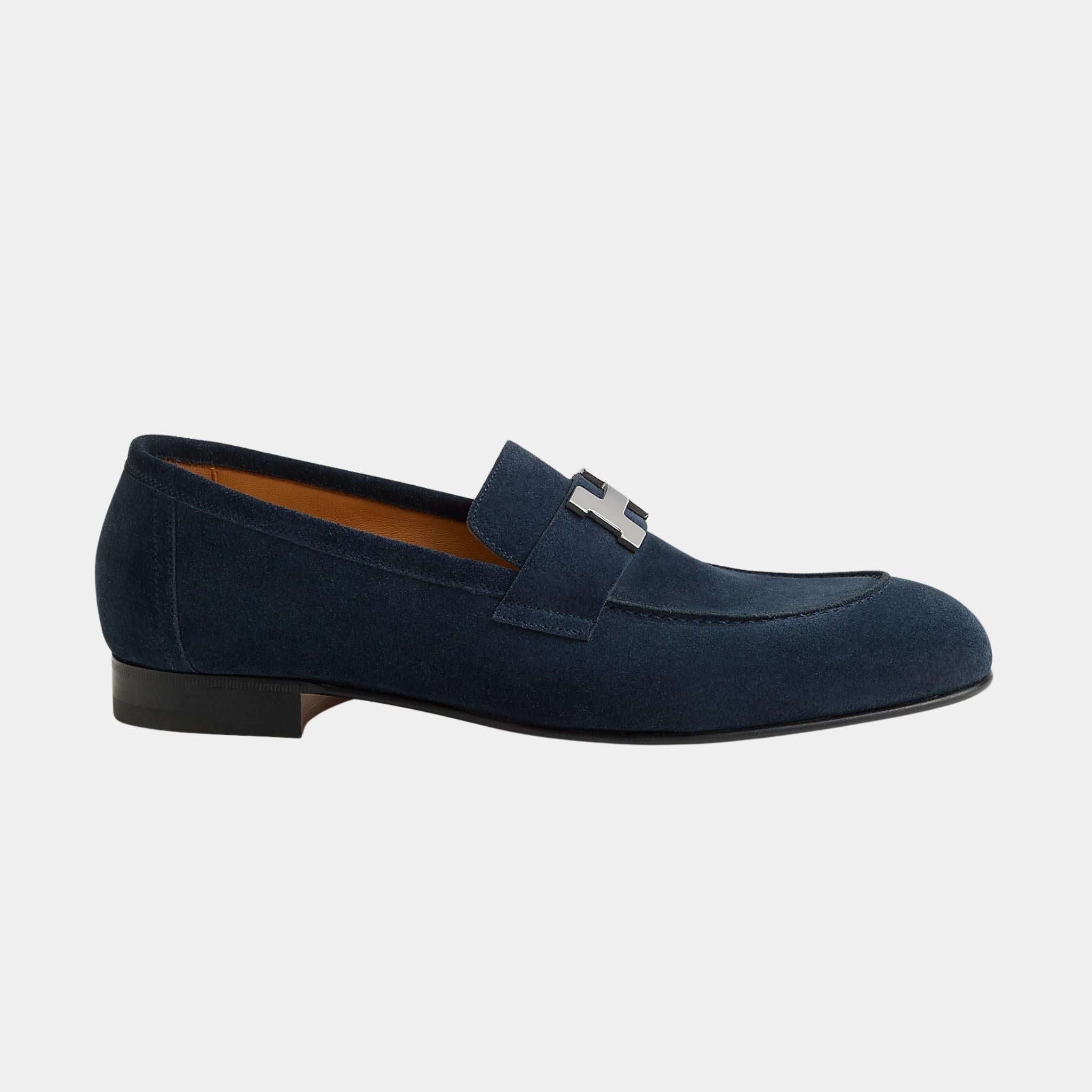 Hermes Paris Loafer in Suede Goatskin Men, Bleu Ocean, Side