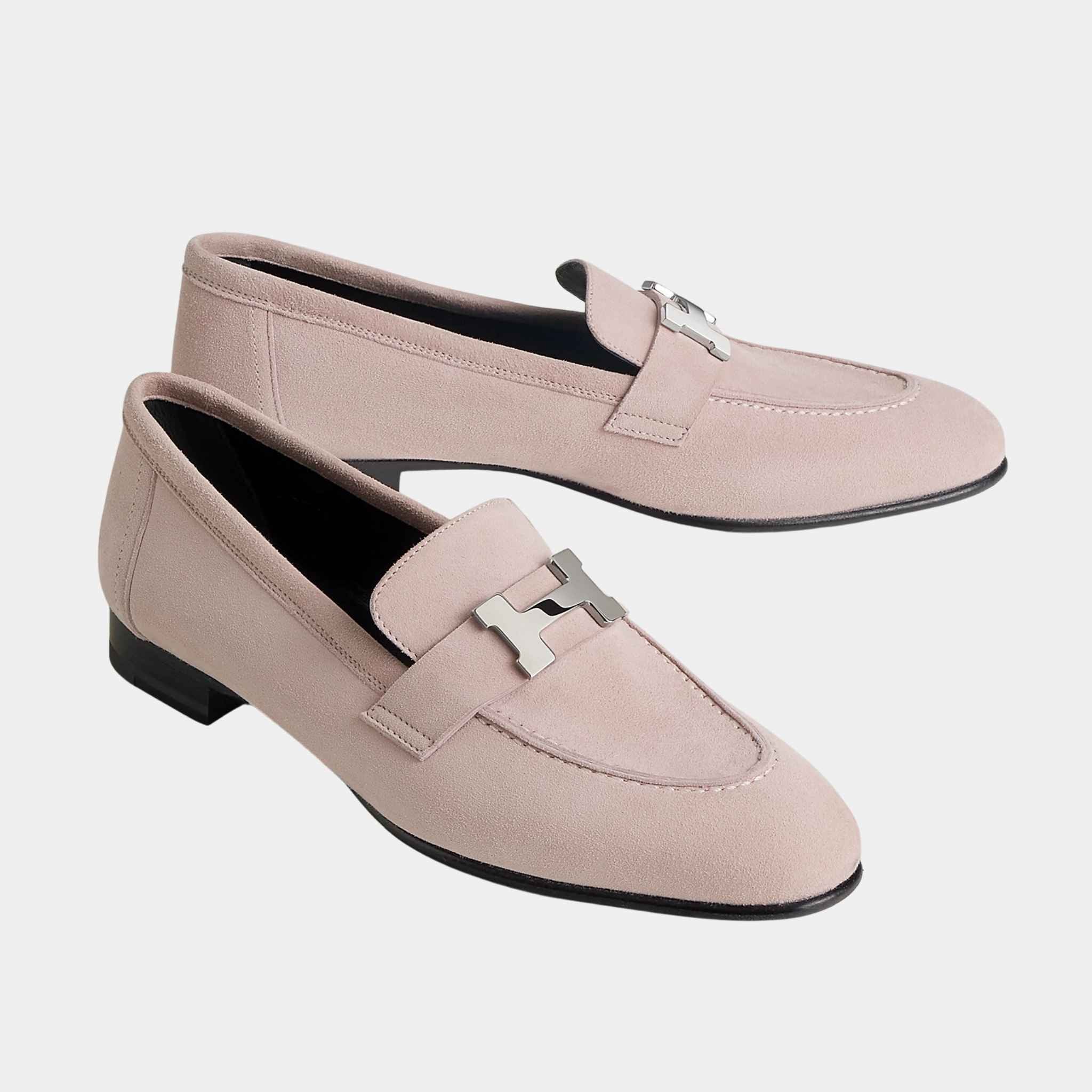 Hermes Paris Loafer in Suede Goatskin with Palladium Plated Buckle Women, Rose Porcelaine, Front