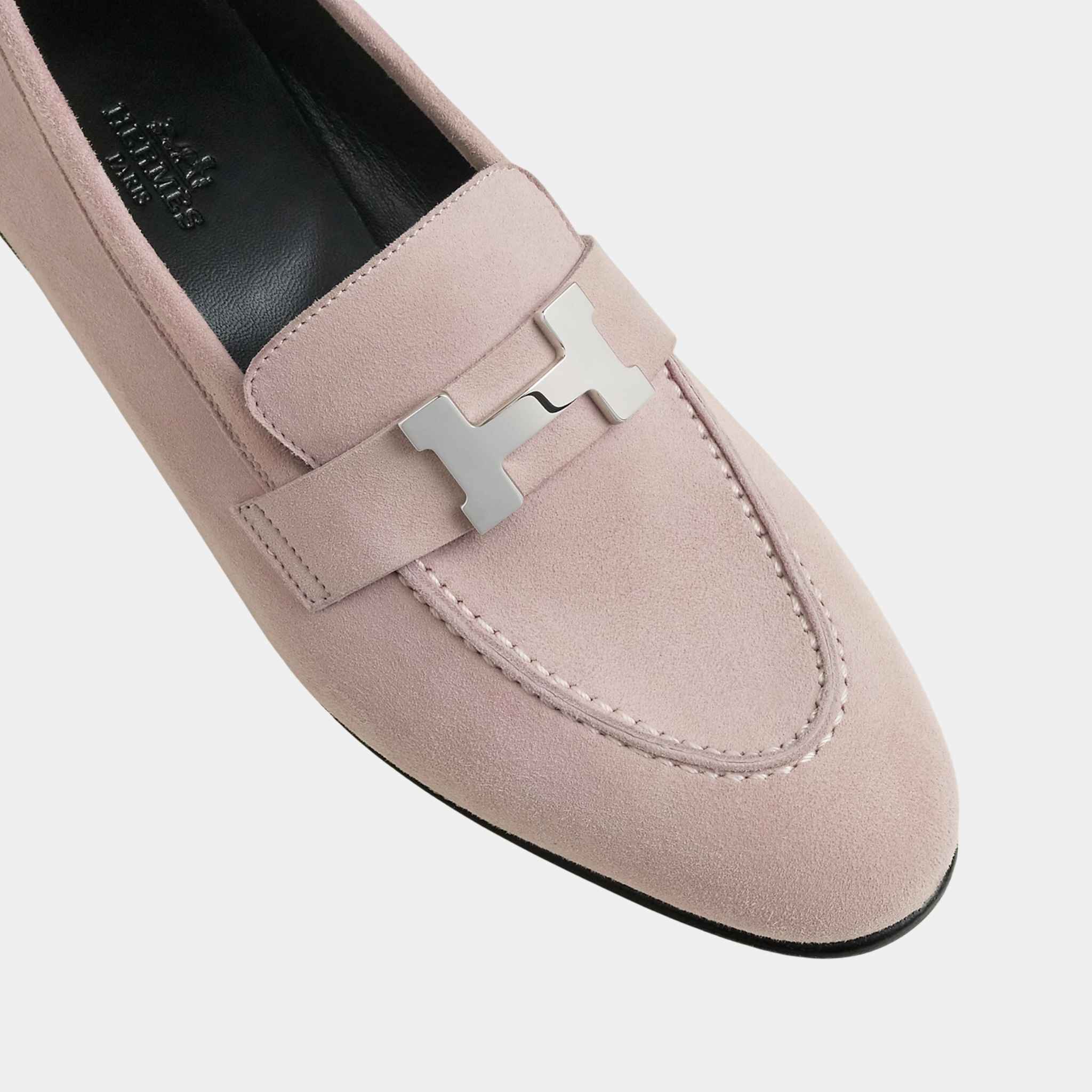 Hermes Paris Loafer in Suede Goatskin with Palladium Plated Buckle Top, Rose Porcelaine, Top