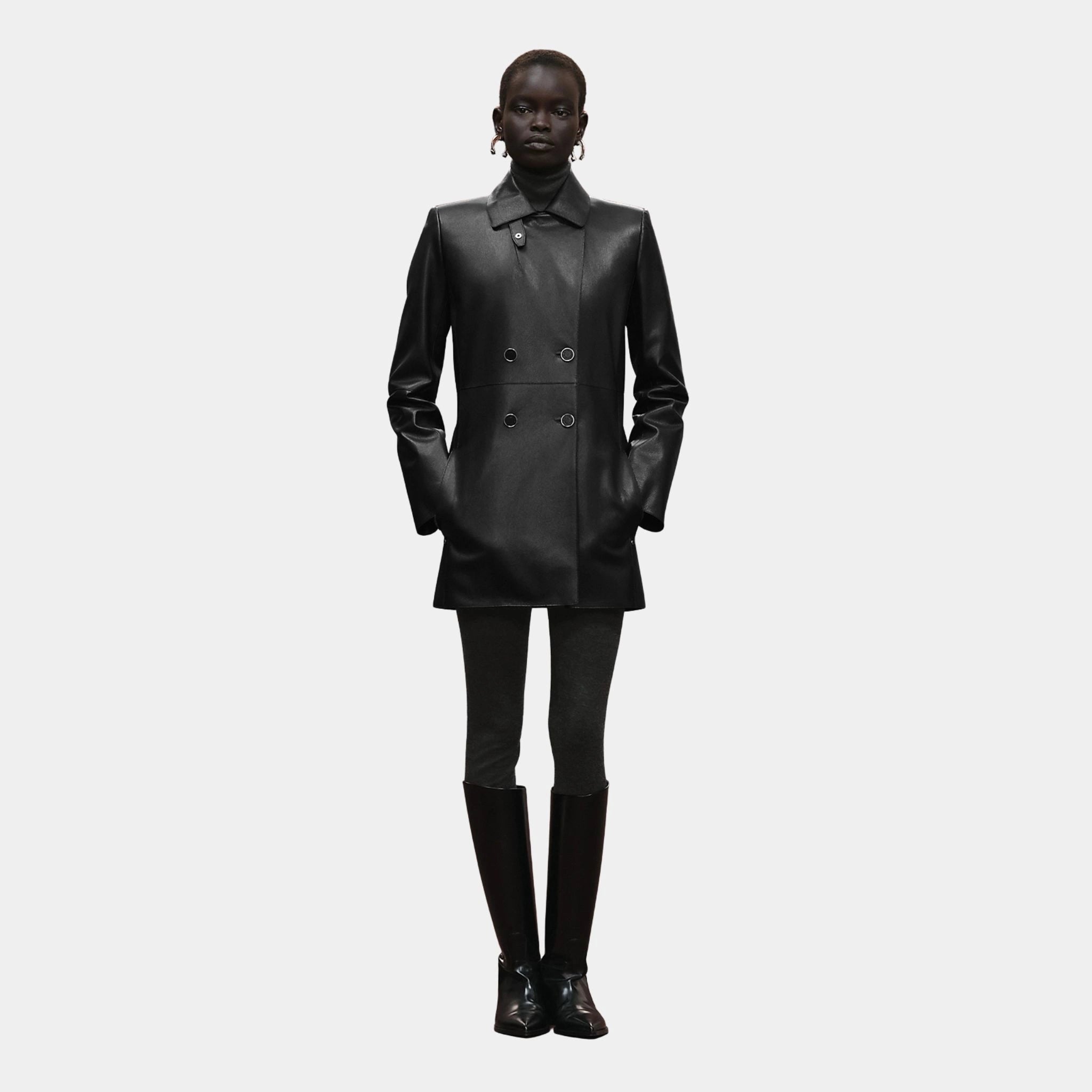 Hermes Pea Coat in Grained Calfskin, Noir, Front