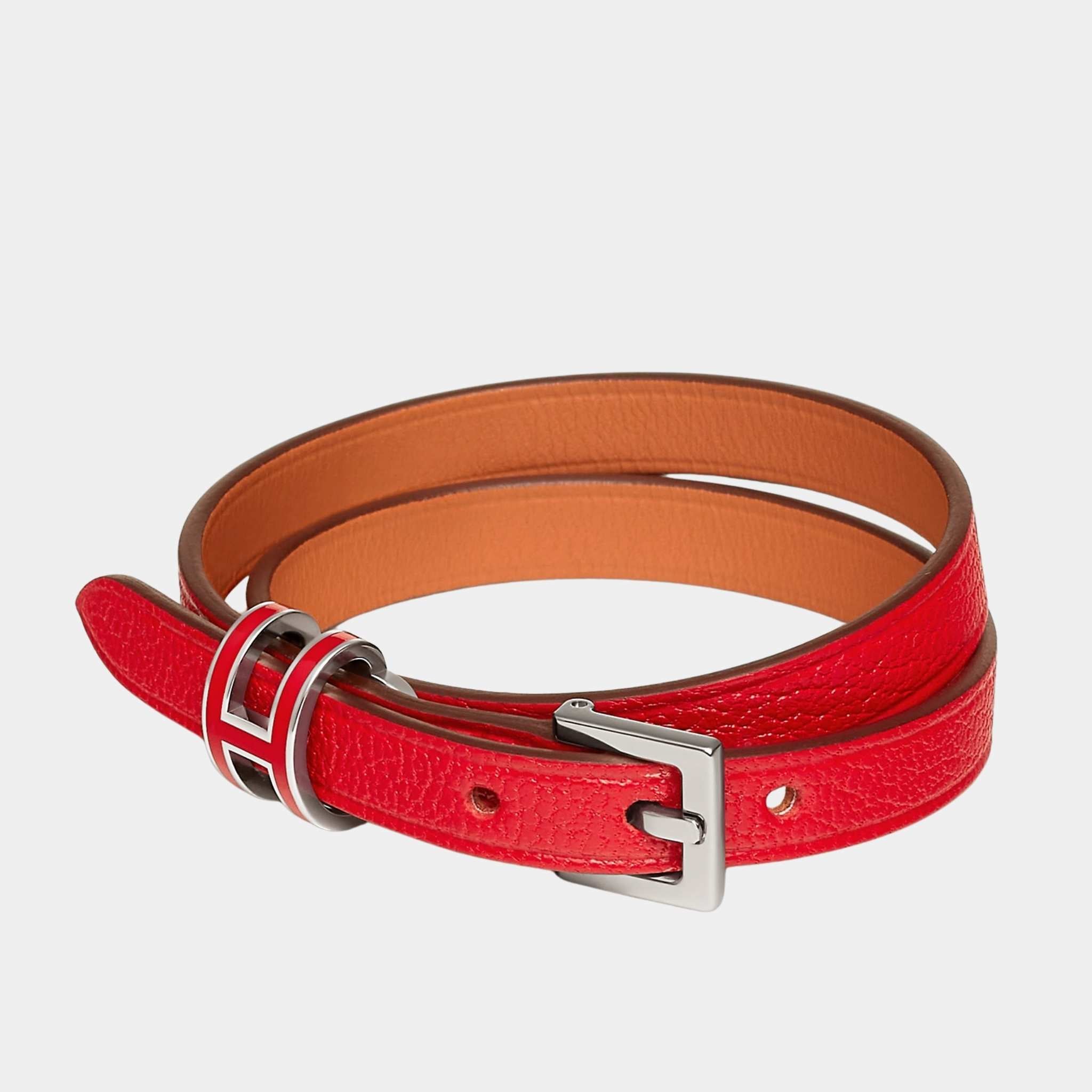 Hermes Pop H Double Tour Bracelet Chamkila Goatskin Palladium Plated, Rouge De Coeur
