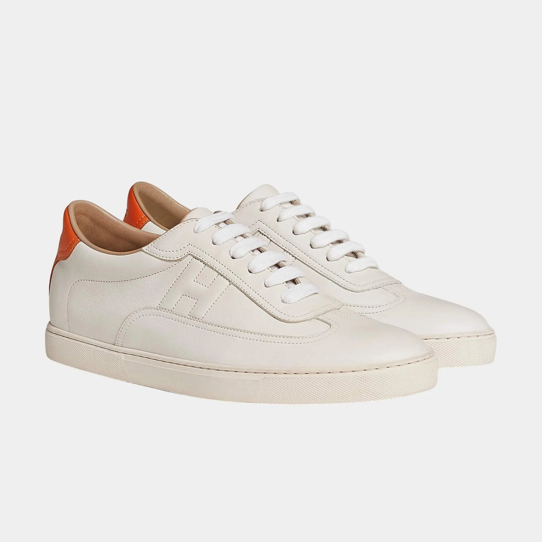 Hermes Quicker Sneaker in Calfskin, Blanc , Orange, Front