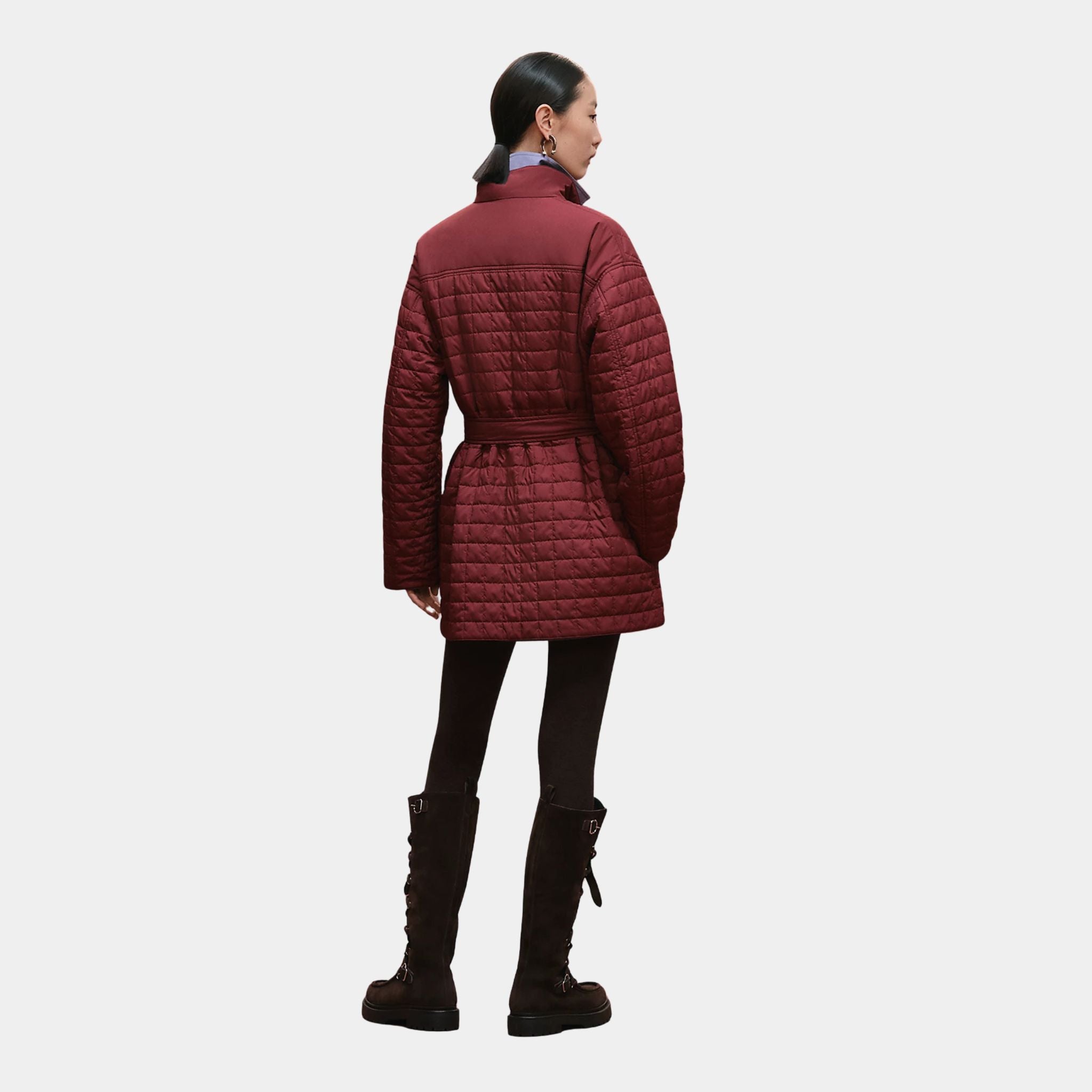 Hermes Quilted Coat in Feather Canvas, Rouge H, Back