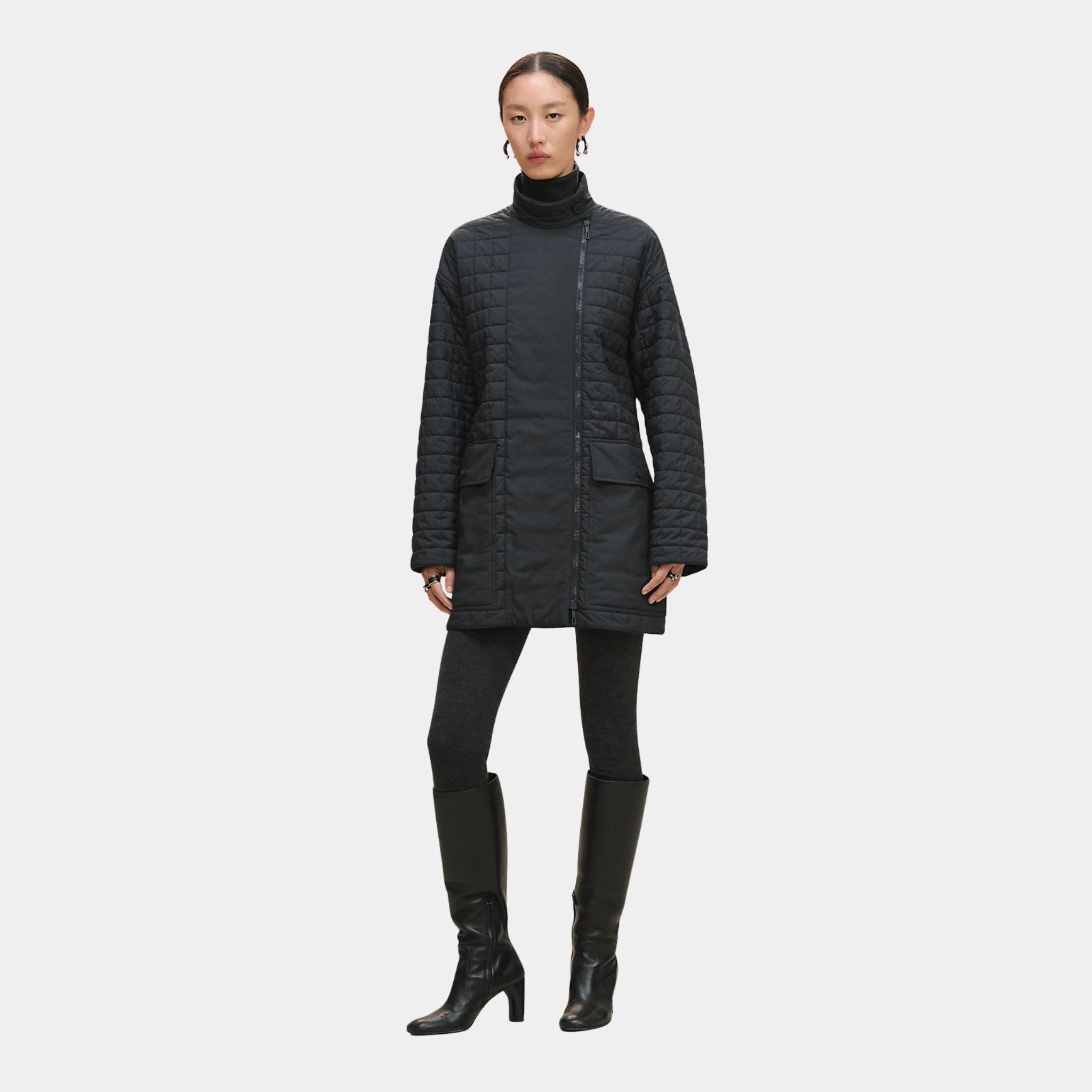 Hermes Quilted Coat in Plume Canvas, Bleu Noir, Front