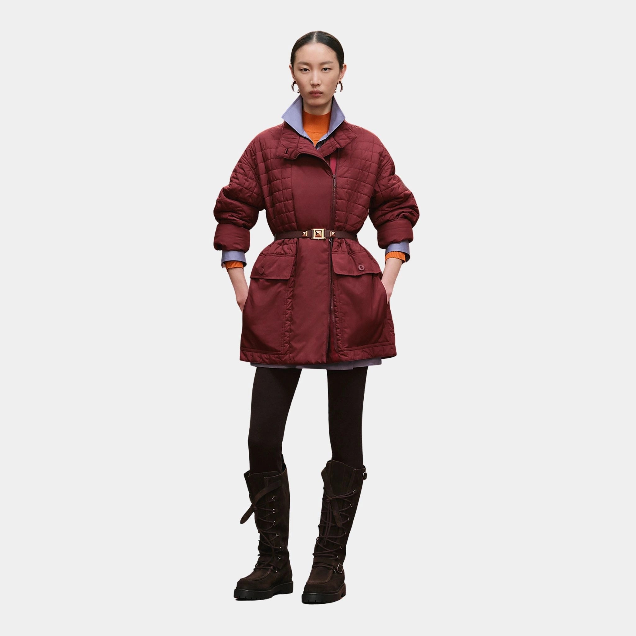 Hermes Quilted Coat in Plume Canvas, Rouge H, Front