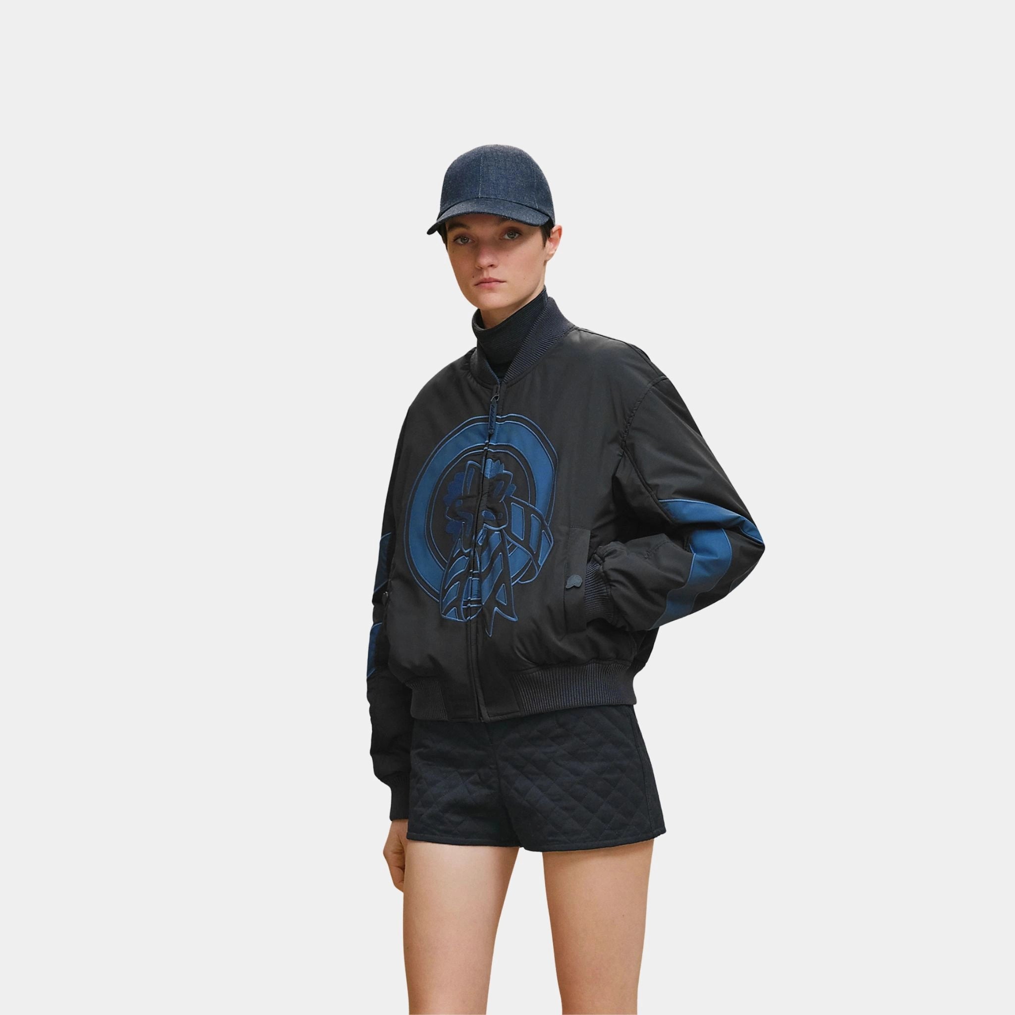 Hermes Reversible Bomber Jacket in Feather Canvas, Bleu Noir, Front